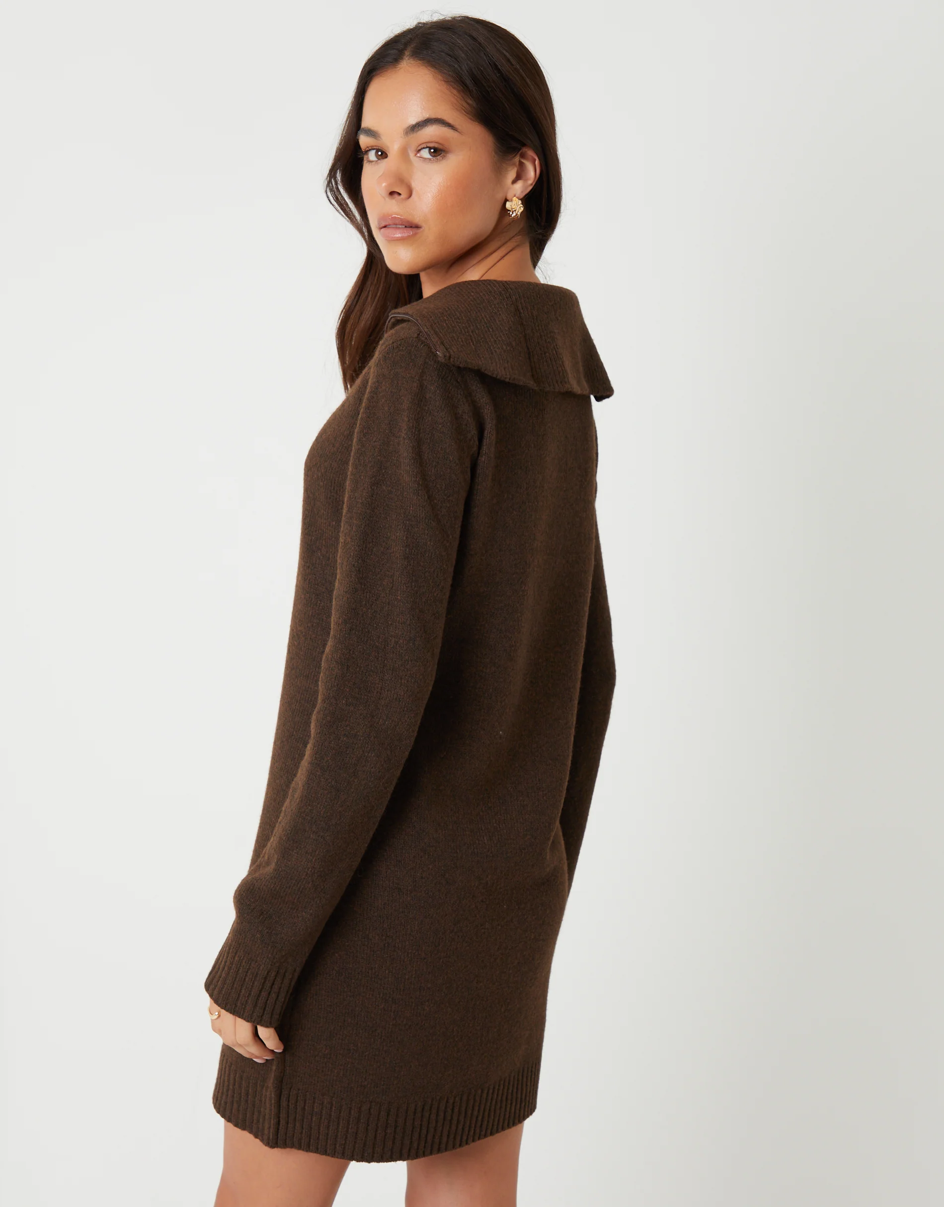 Quarter Zip Brushed Knit Mini Dress in Chocolate Brown - Image 2