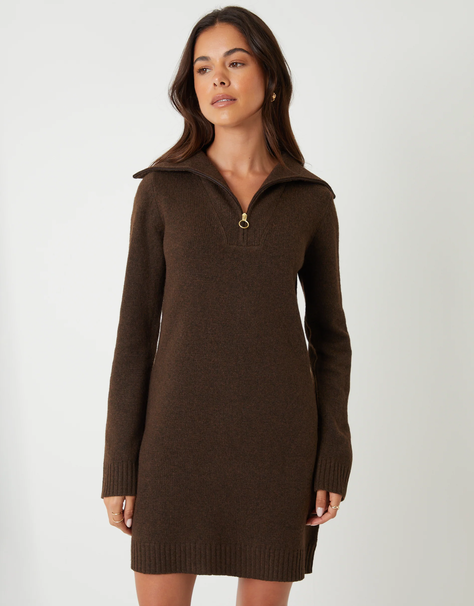 Quarter Zip Brushed Knit Mini Dress in Chocolate Brown - Image 3