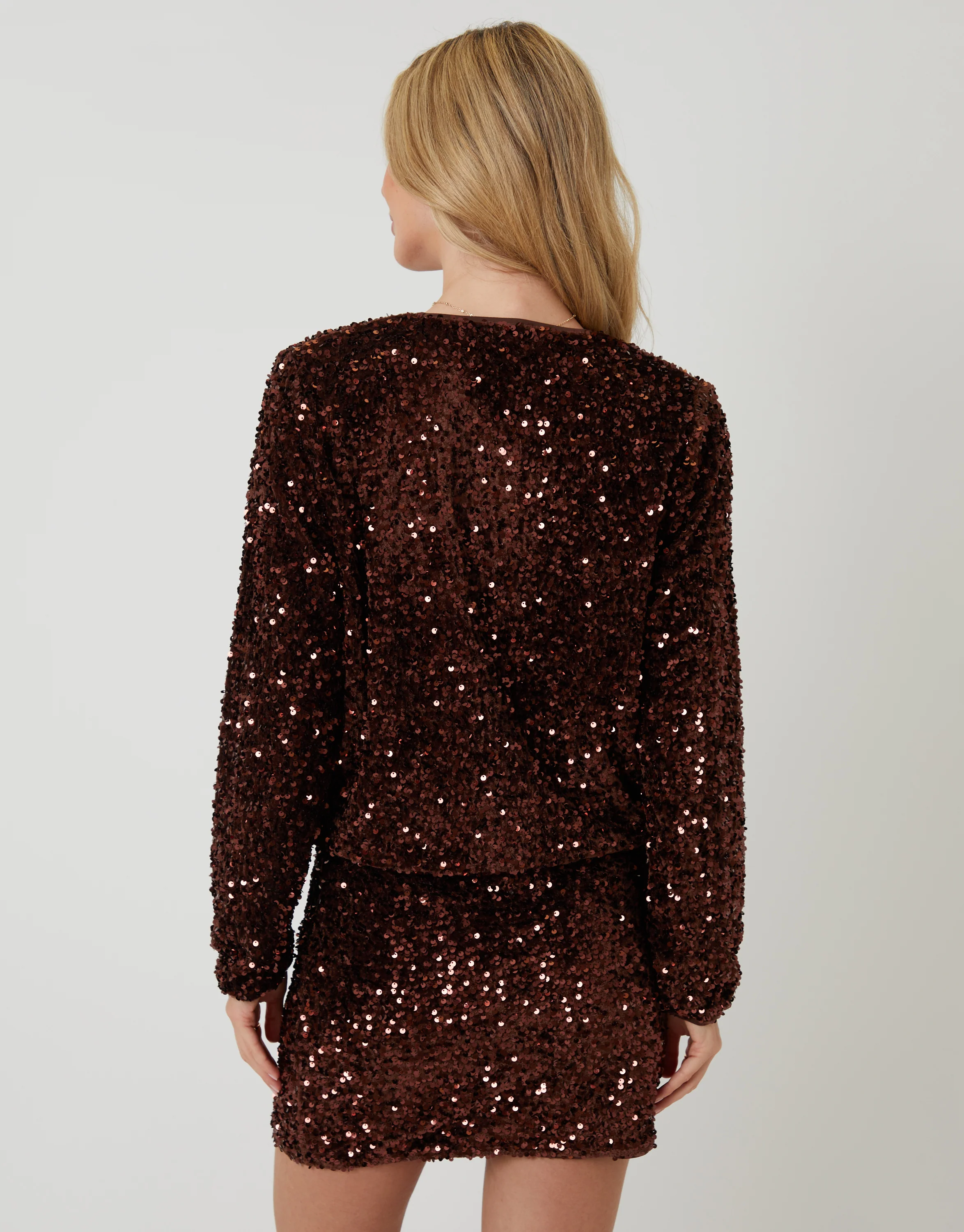 Sequin Zip Up Bomber Jacket in Chocolate Brown - Image 3
