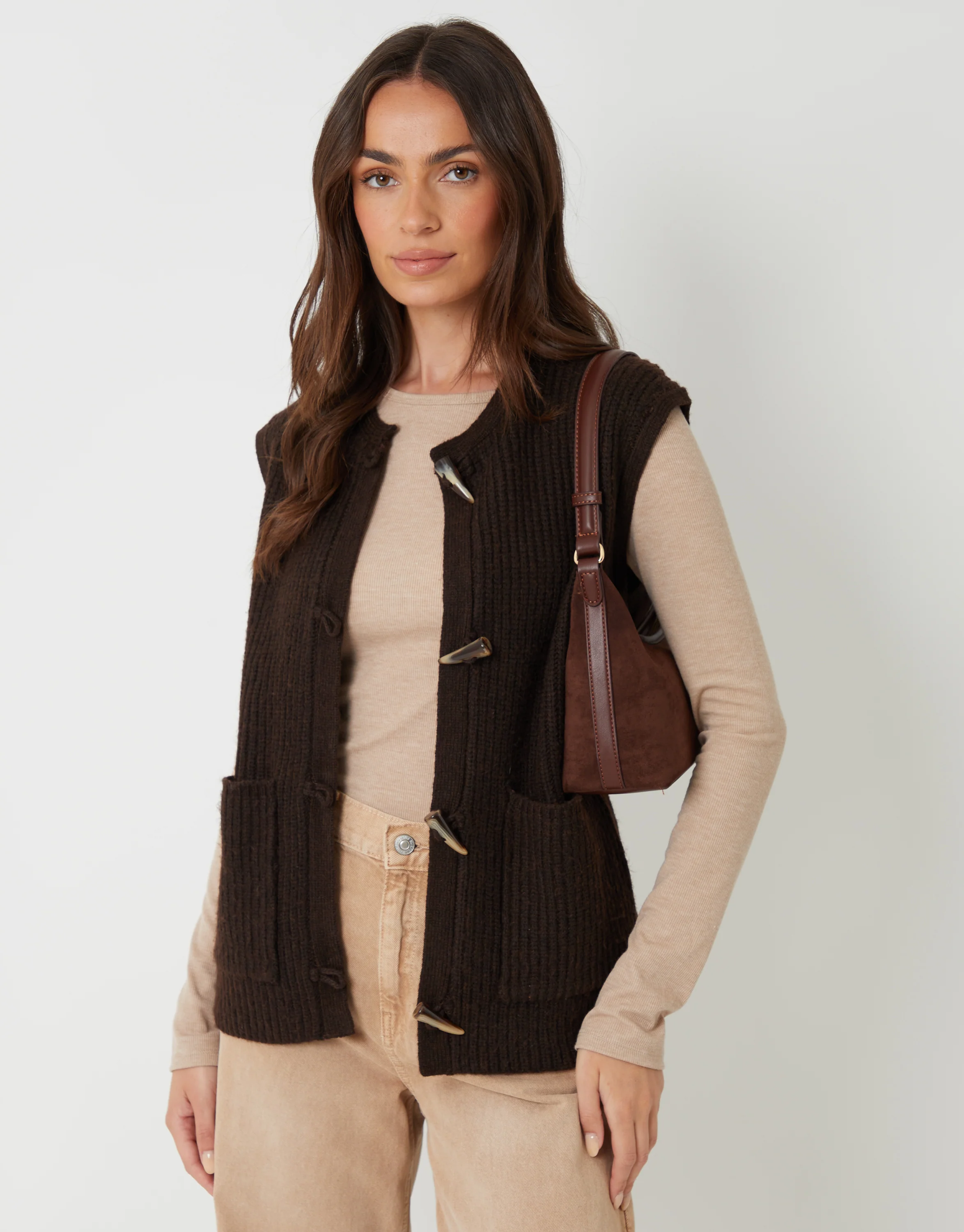 Toggle Detail Chunky Knit Vest in Chocolate Brown
