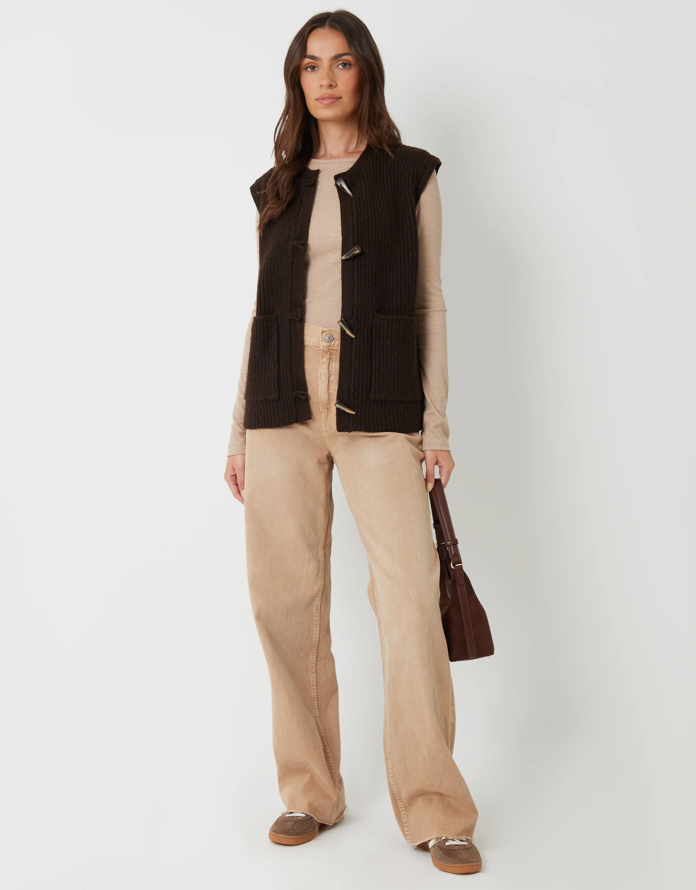 Toggle Detail Chunky Knit Vest in Chocolate Brown - Image 3