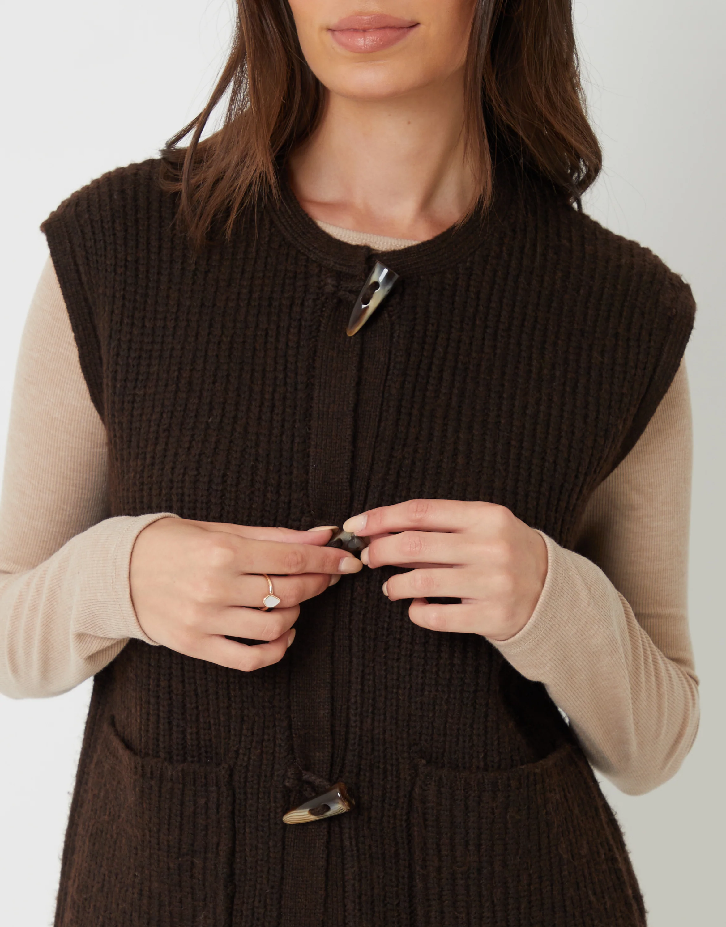 Toggle Detail Chunky Knit Vest in Chocolate Brown - Image 4