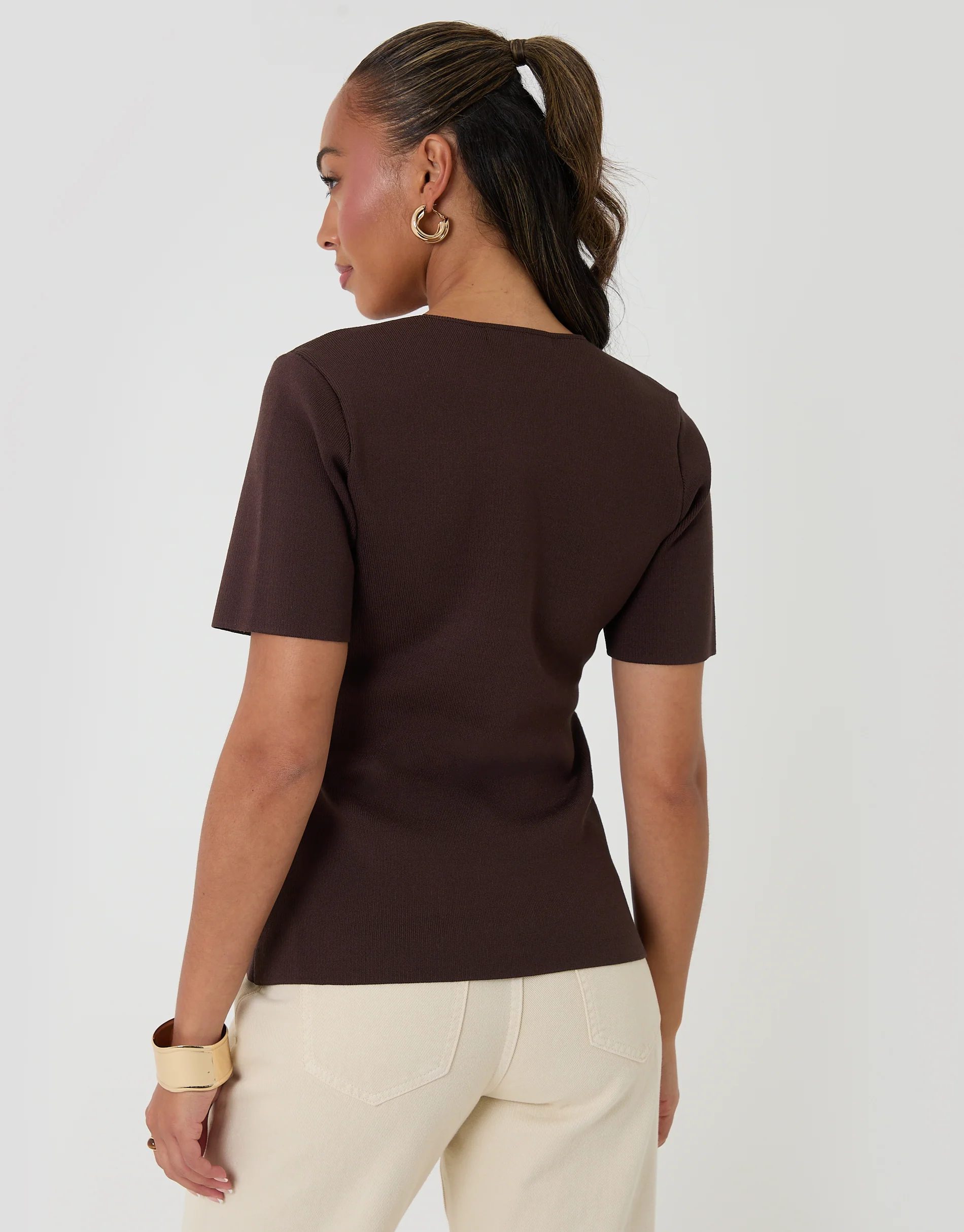 V-Neck Compact Knitted Top in Chocolate Brown - Image 2