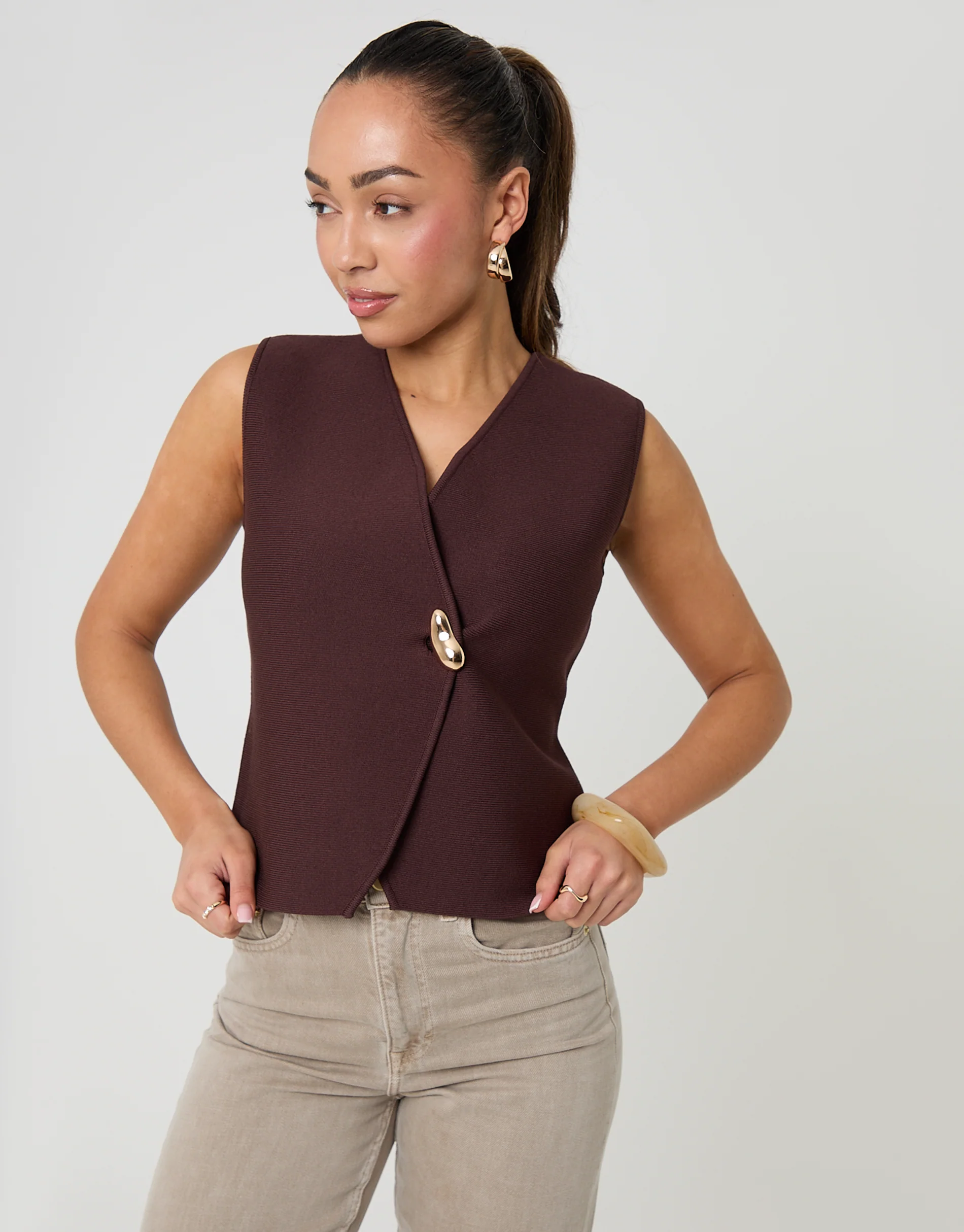 V-Neck Knitted Wrap Waistcoat in Chocolate Brown