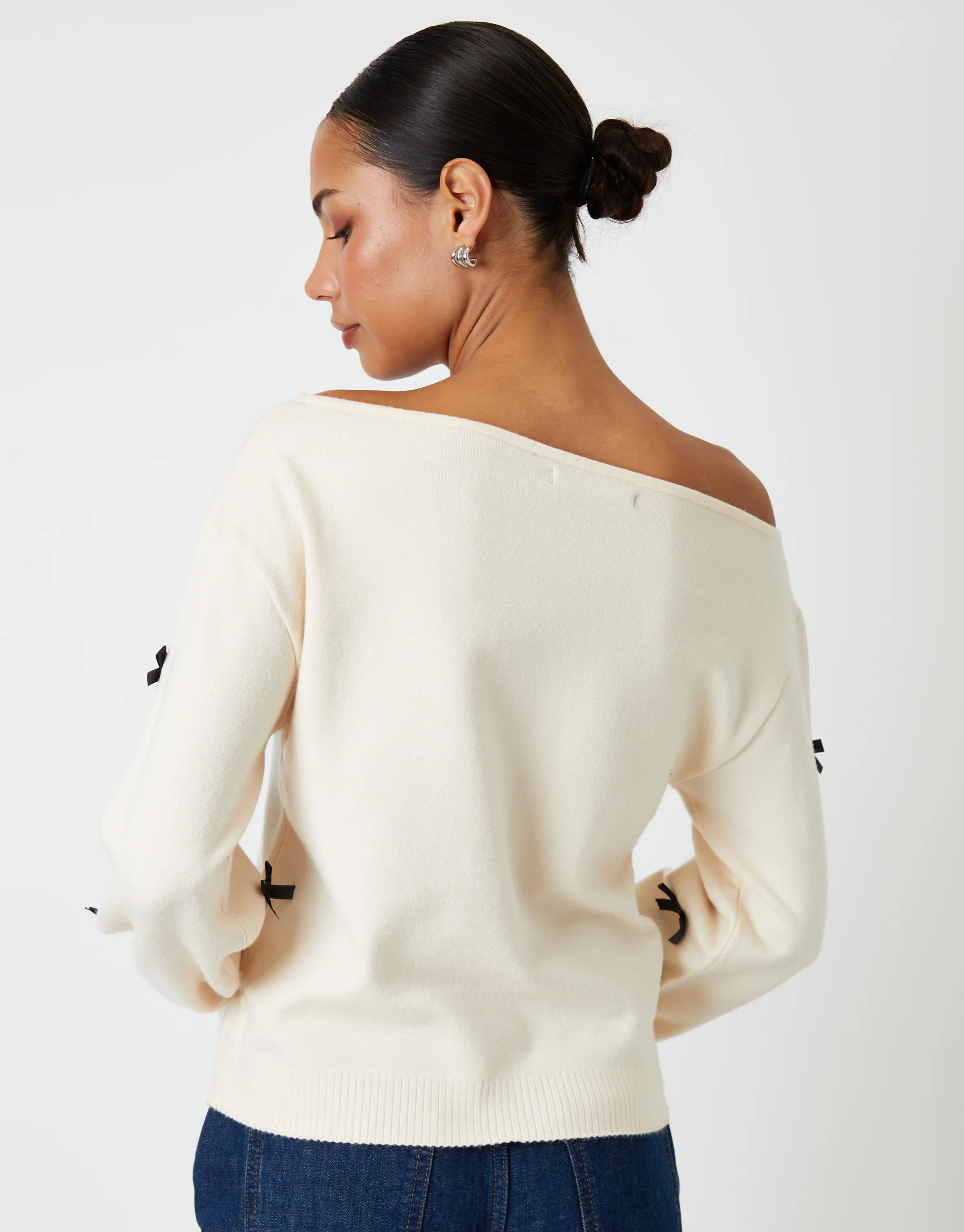 Bow Embellished Slash Neck Jumper in Cream - Image 2