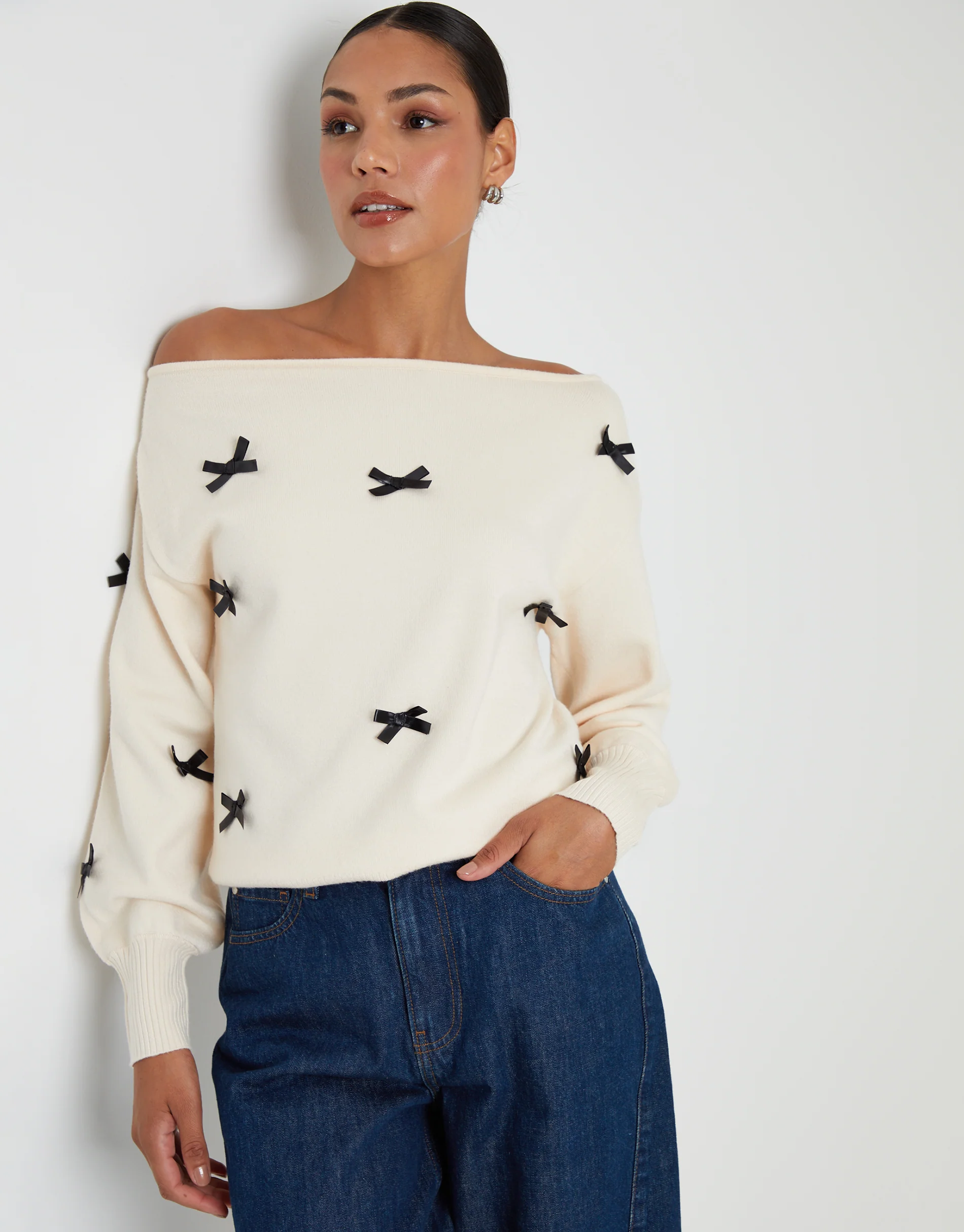 Bow Embellished Slash Neck Jumper in Cream - Image 3