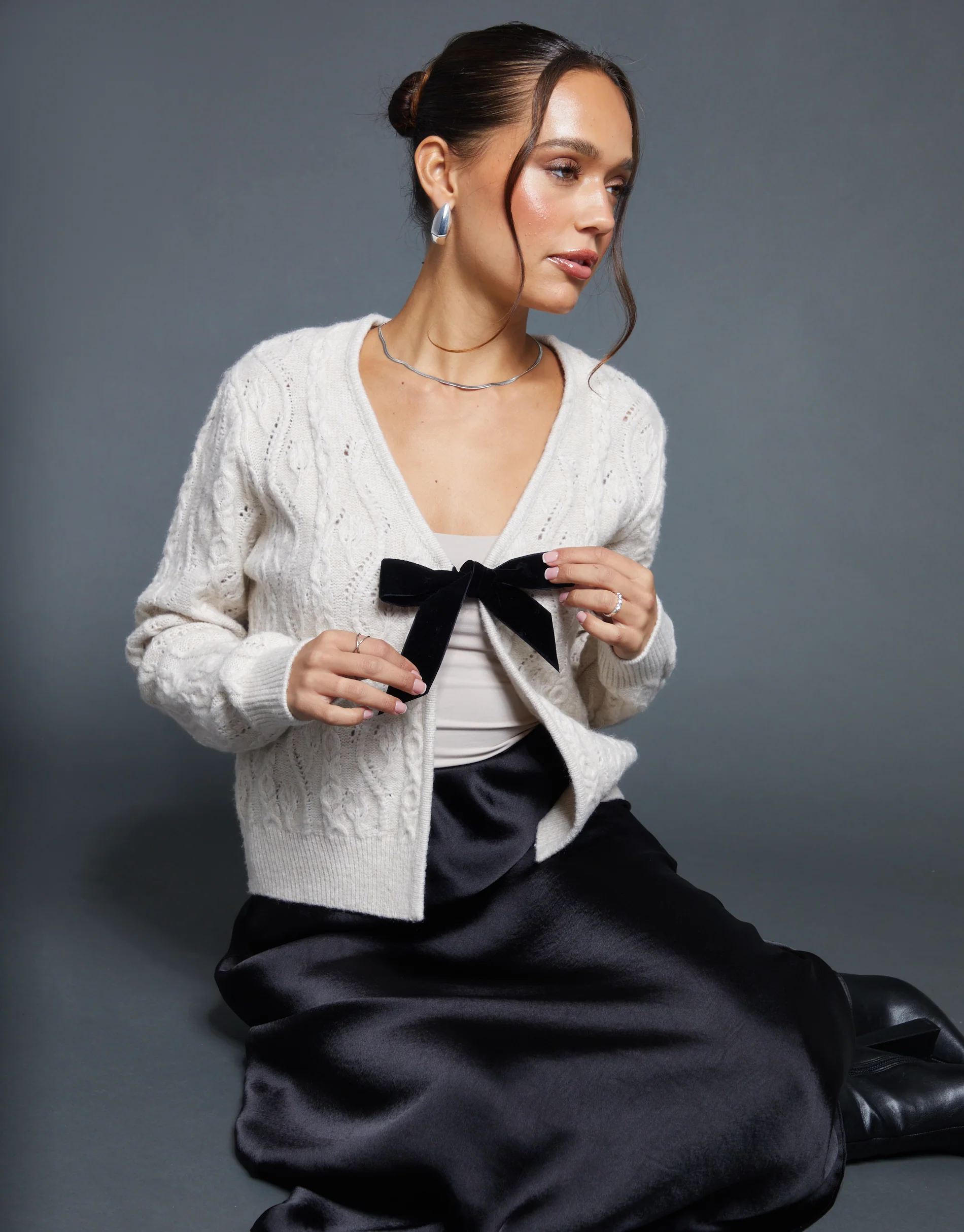 Cable Knit Velvet Bow Detail Cardigan in Cream