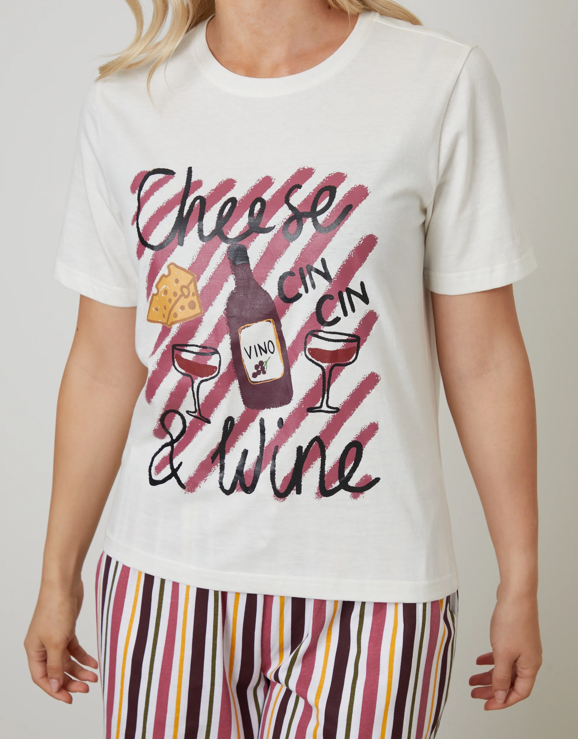 Cheese & Wine Red Graphic Print Pyjamas Set in Cream - Image 3