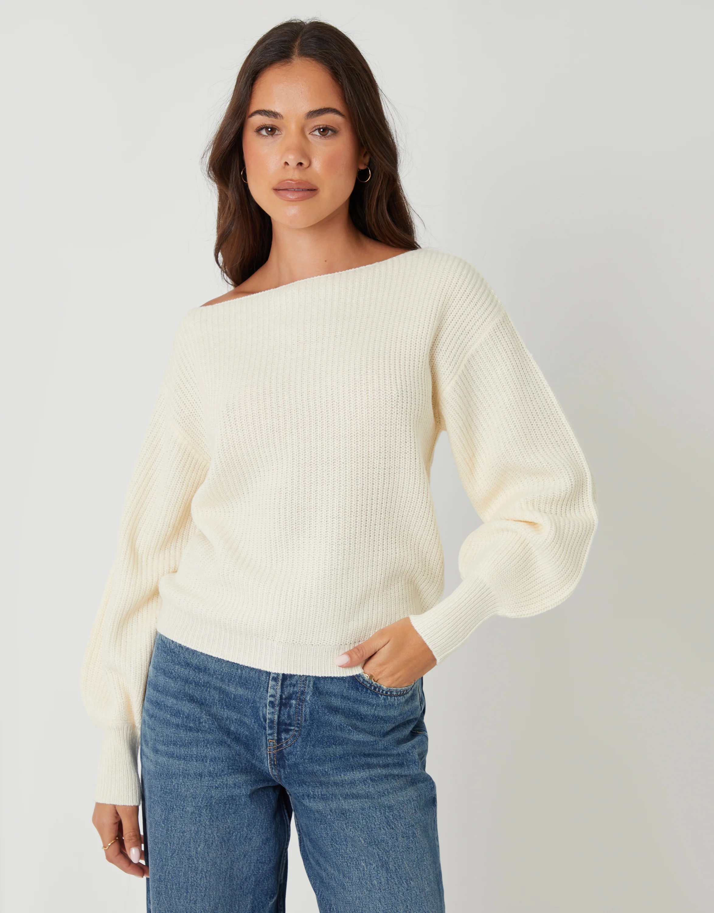 Chunky Knit Slash Neck Jumper in Cream