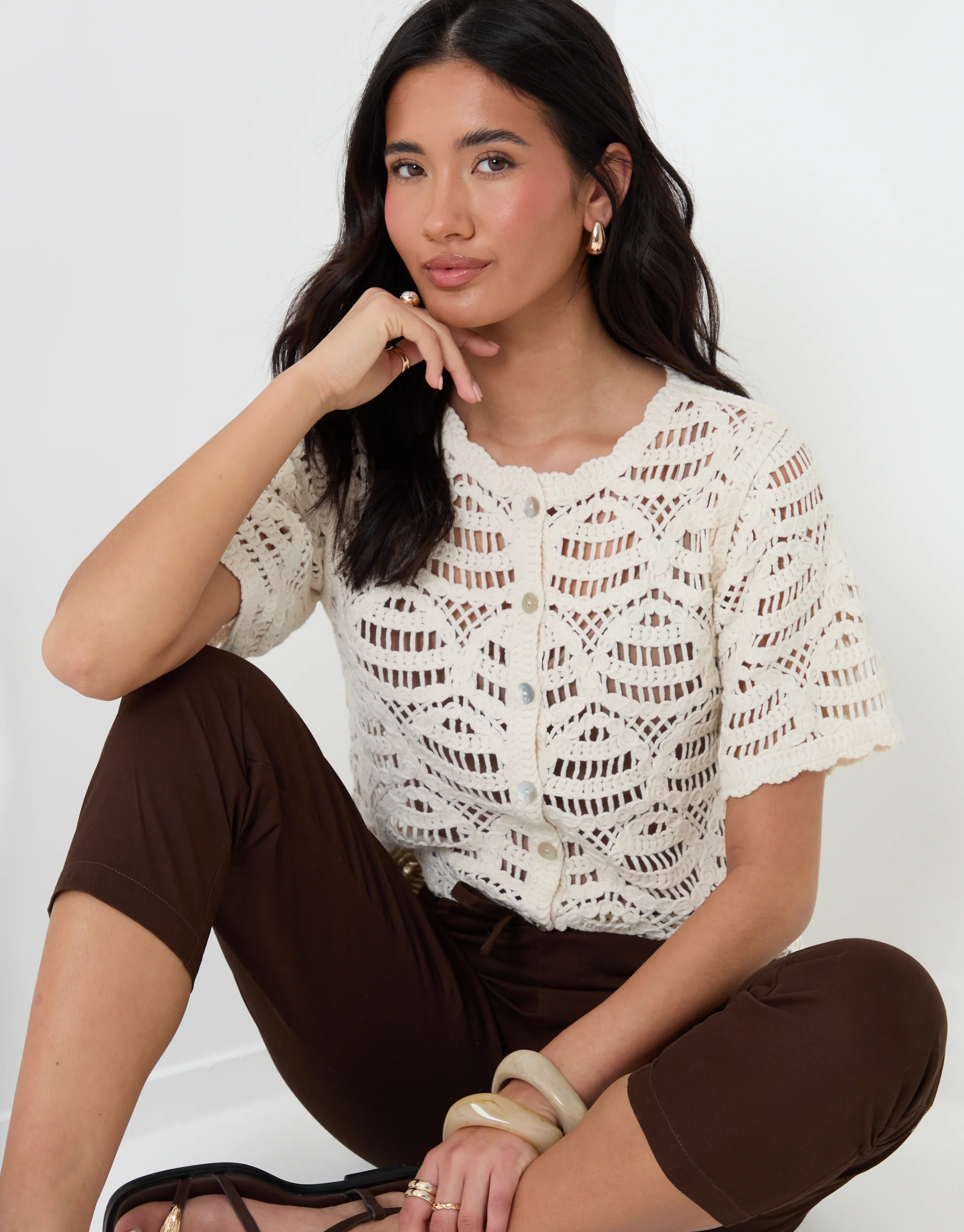 Crochet Button Up Top in Cream