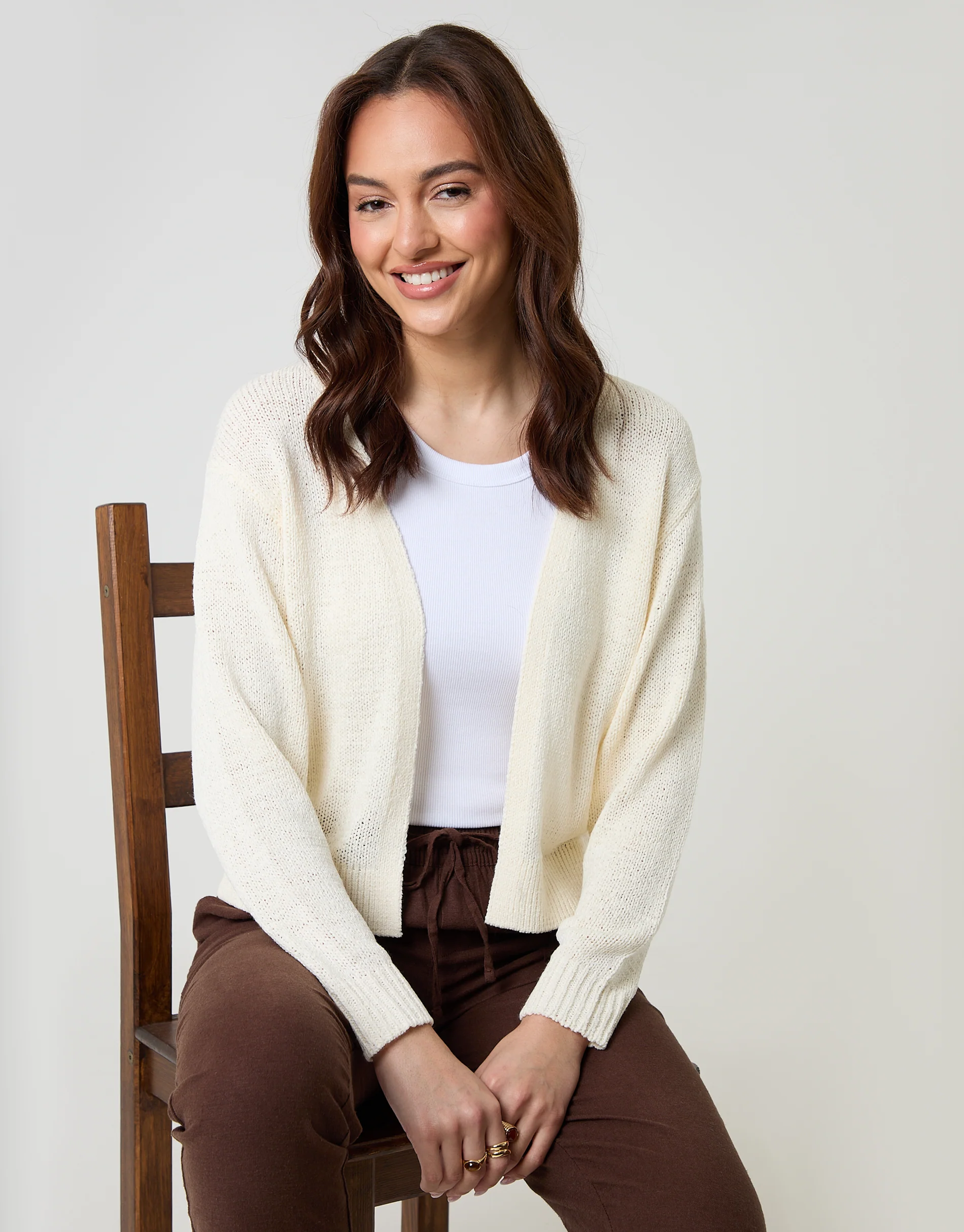 Dropped Shoulder Open Cardigan in Cream