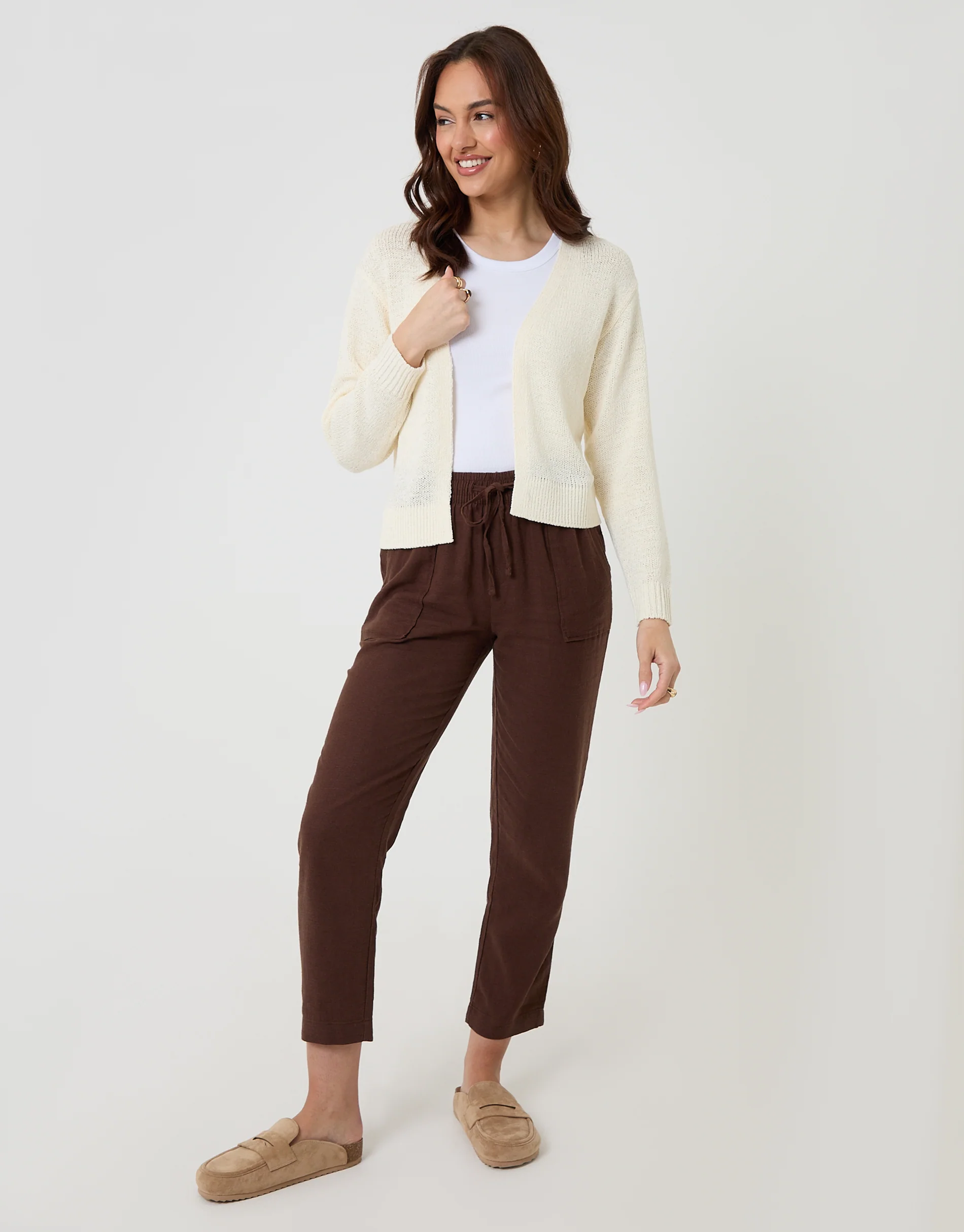 Dropped Shoulder Open Cardigan in Cream - Image 3