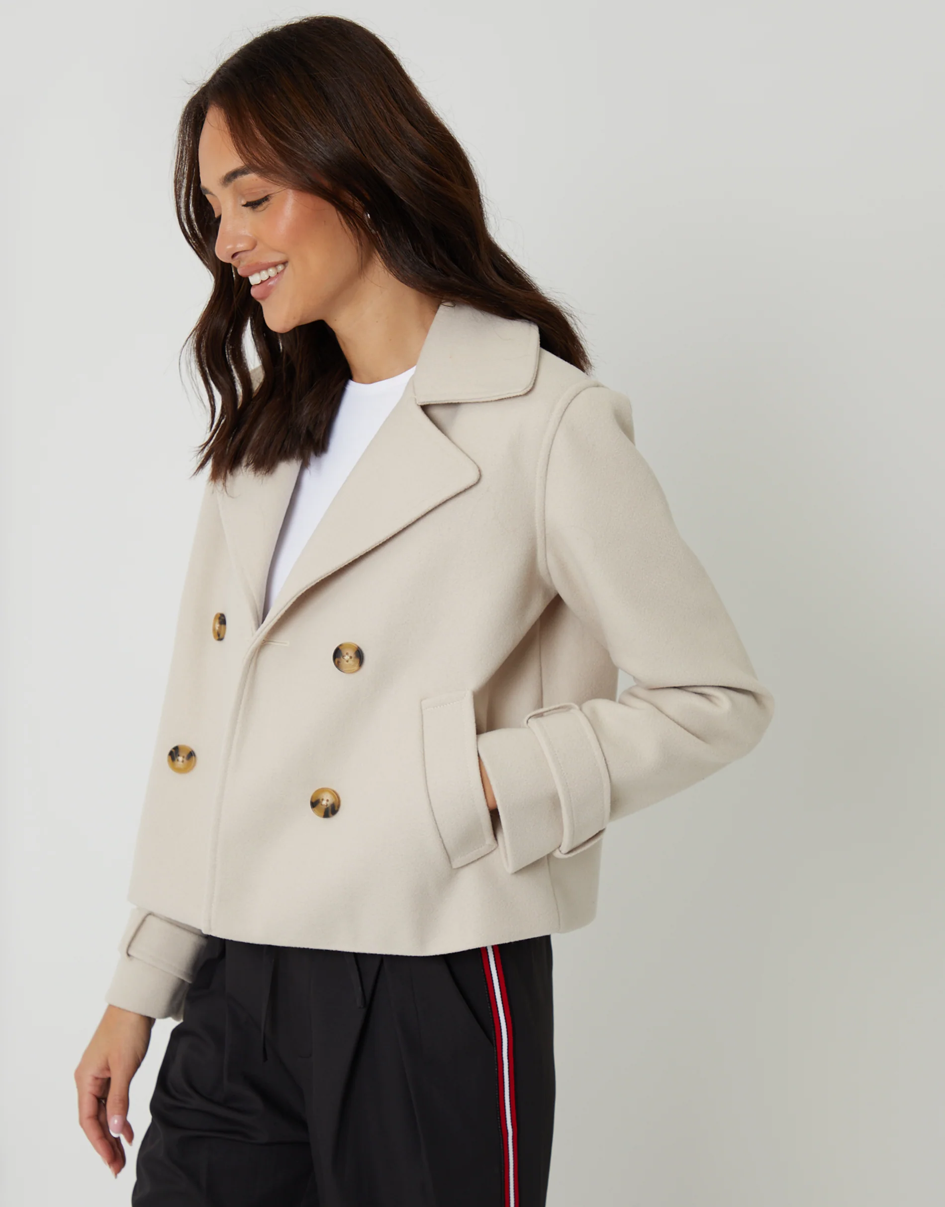 Faux Wool Cropped Trench Coat in Cream