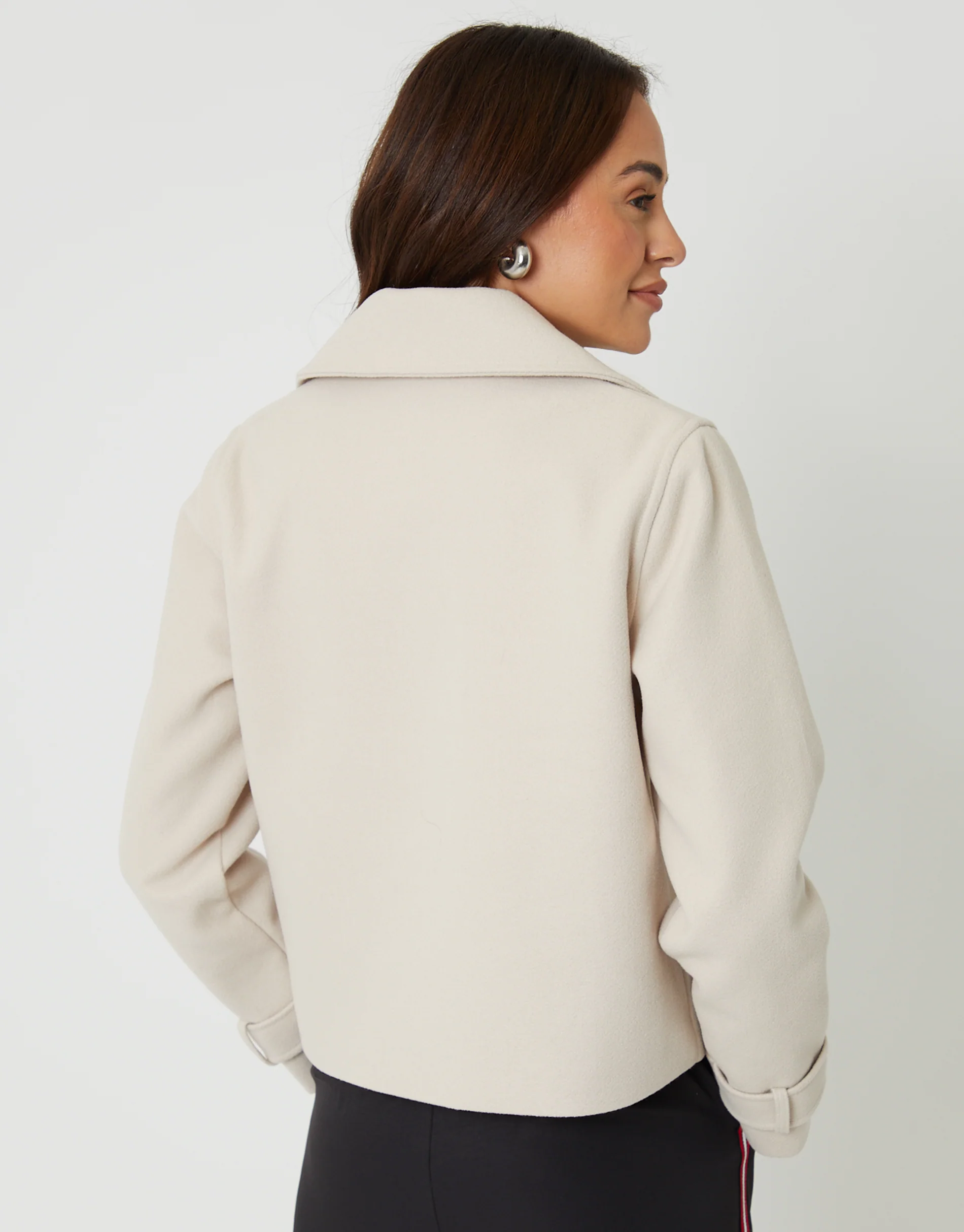 Faux Wool Cropped Trench Coat in Cream - Image 2