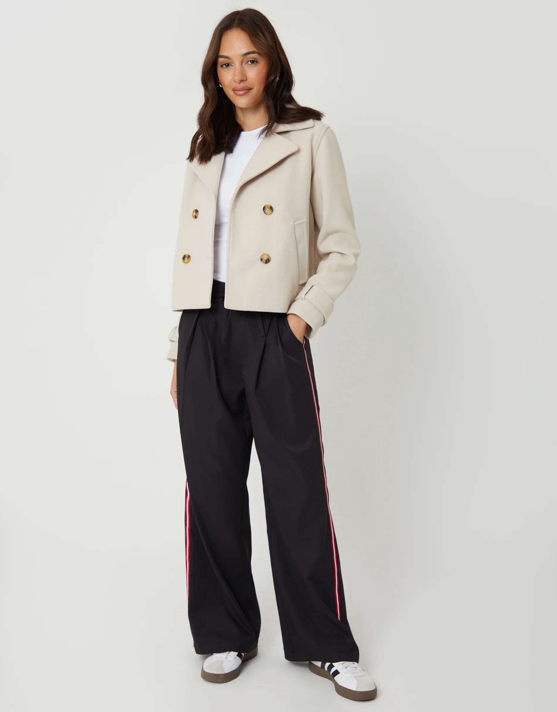 Faux Wool Cropped Trench Coat in Cream - Image 3