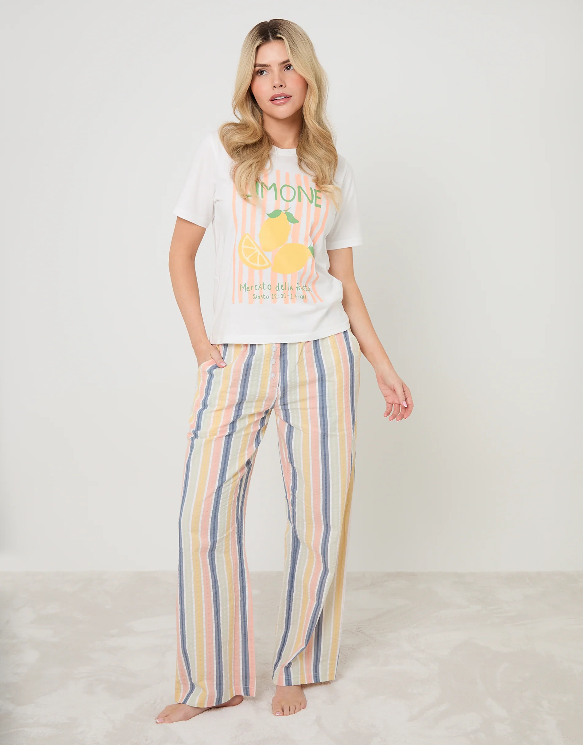 Lemonade Graphic Print Cotton Pyjama Set in Cream - Image 3