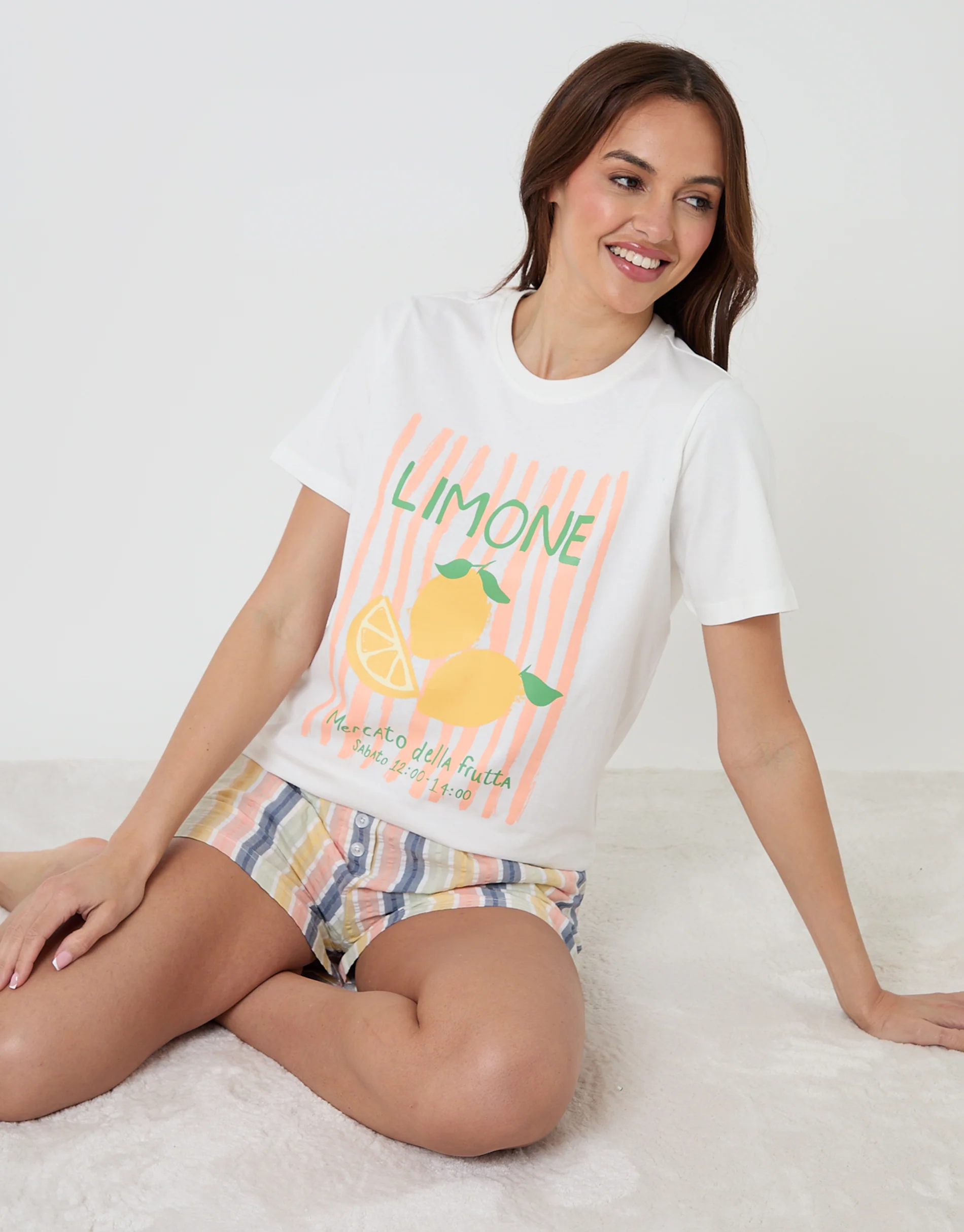 Lemonade Graphic Print Short Cotton Pyjama Set in Cream Stripe
