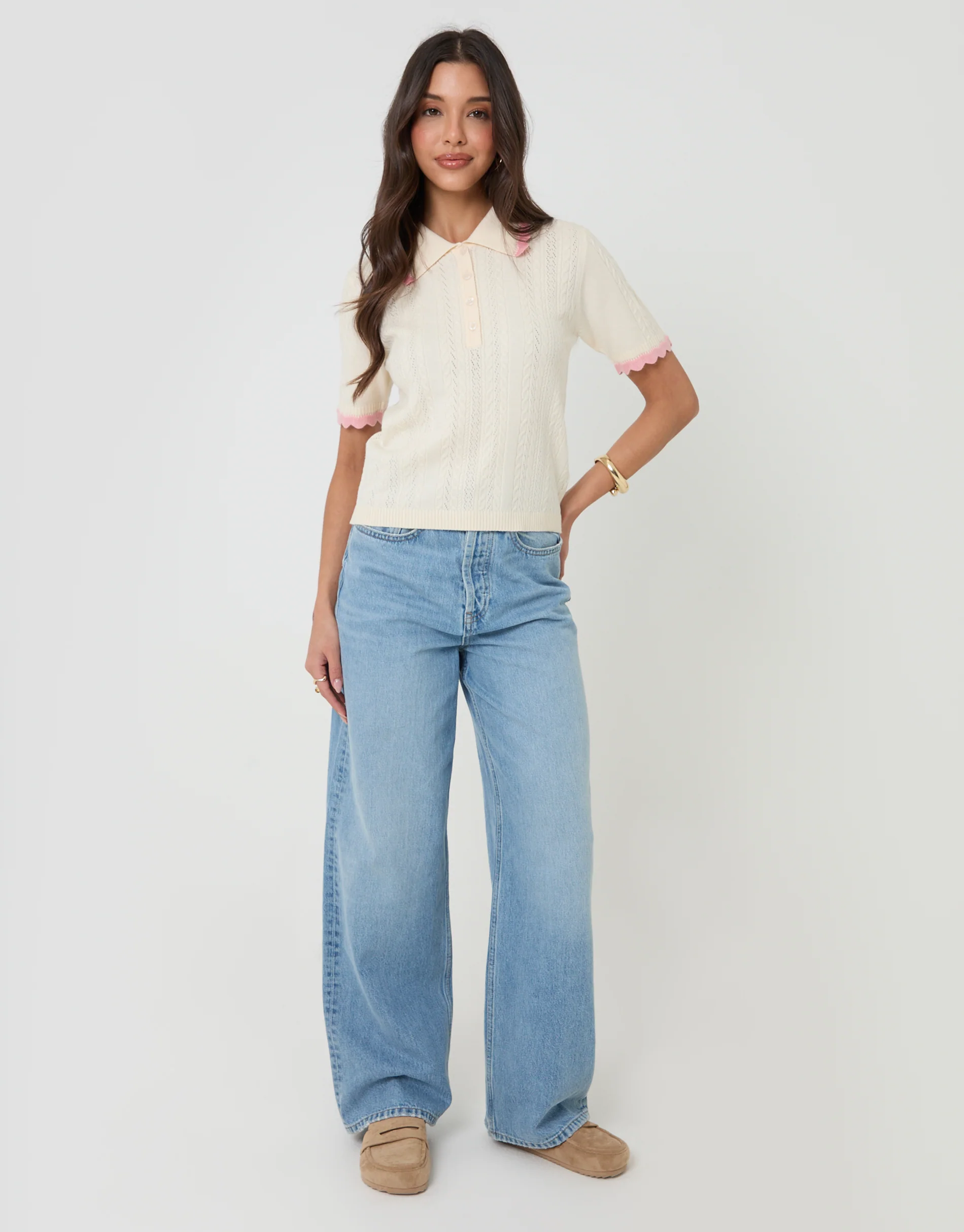 Pointelle Knit Scalloped Polo Collar Top in Cream - Image 3