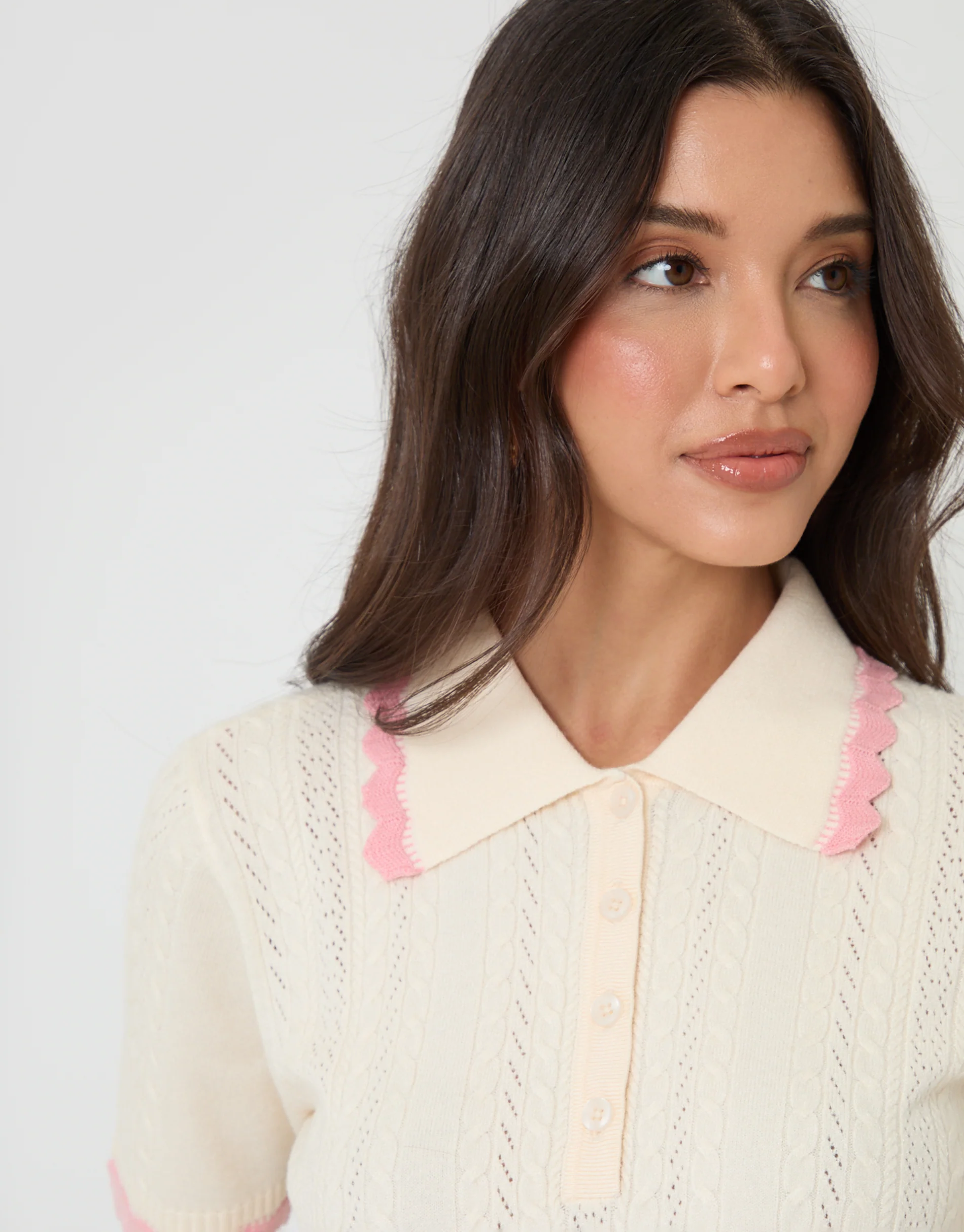 Pointelle Knit Scalloped Polo Collar Top in Cream - Image 4