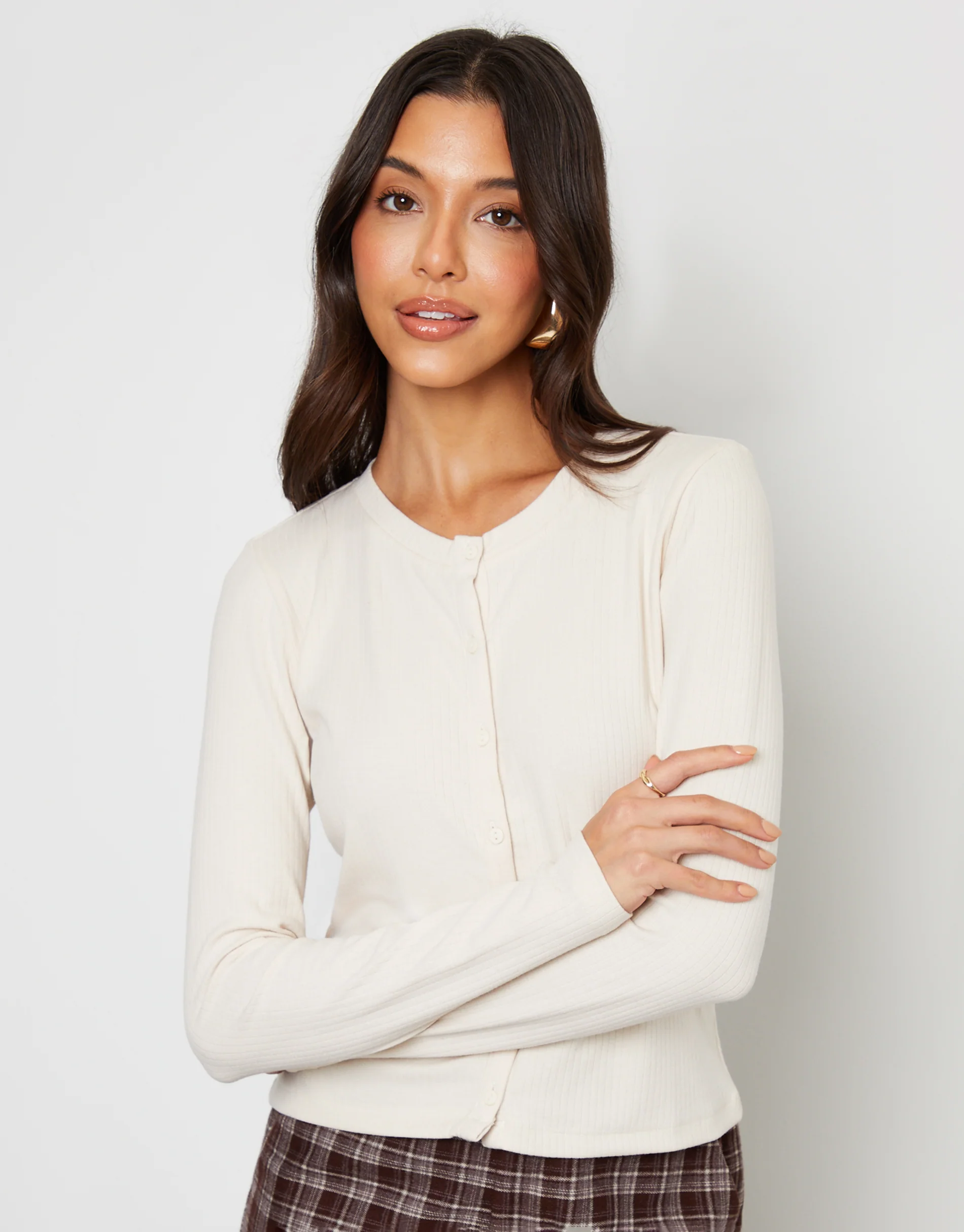 Ribbed Jersey Button Up Cardigan in Cream