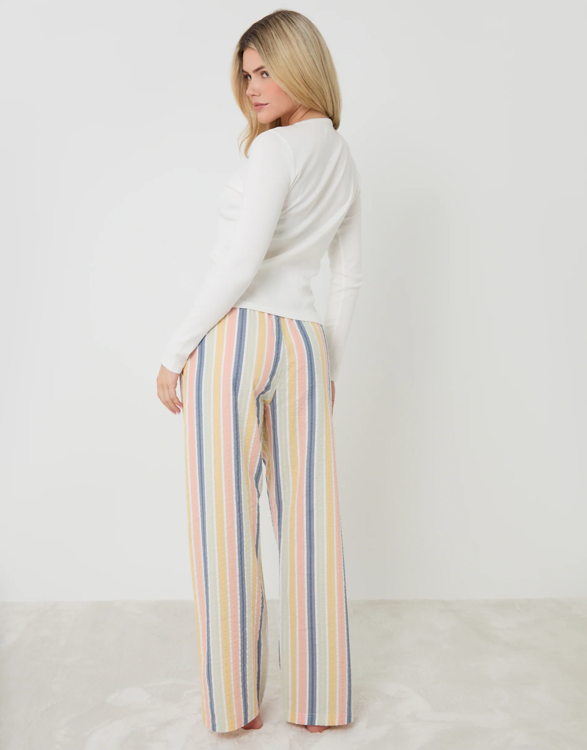 Button Front Cotton Pyjama Set in Cream Stripe - Image 2