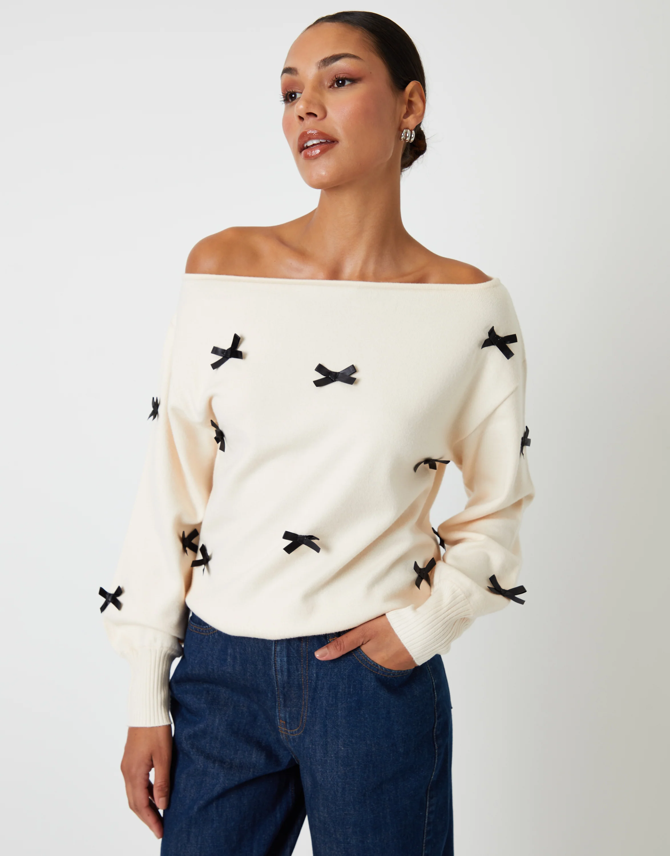 Bow Embellished Slash Neck Jumper in Ecru