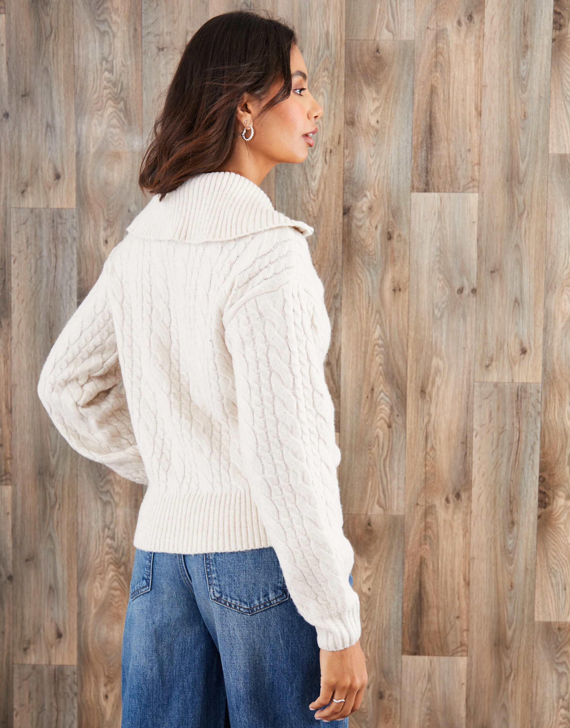 Cable Knit Quarter Zip Jumper in Ecru - Image 2