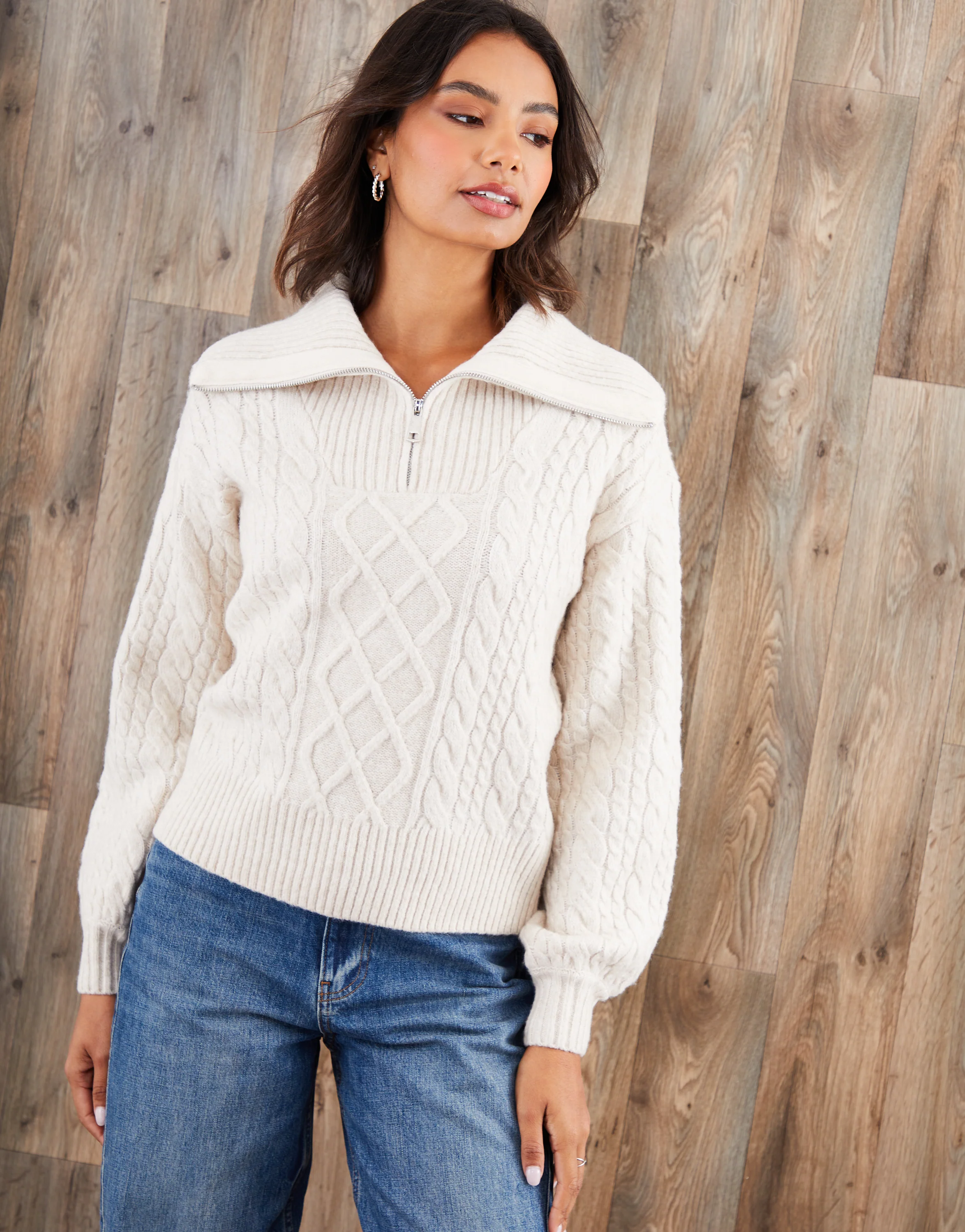 Cable Knit Quarter Zip Jumper in Ecru - Image 4
