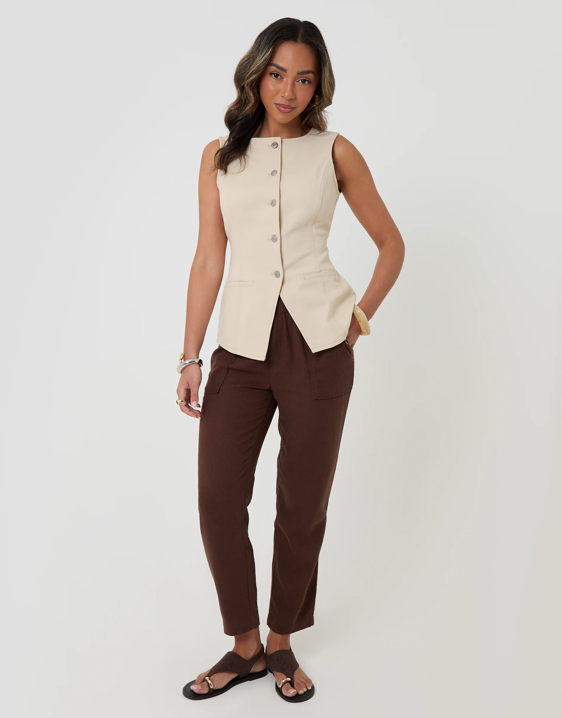 Crew Neck Longline Denim Waistcoat in Ecru