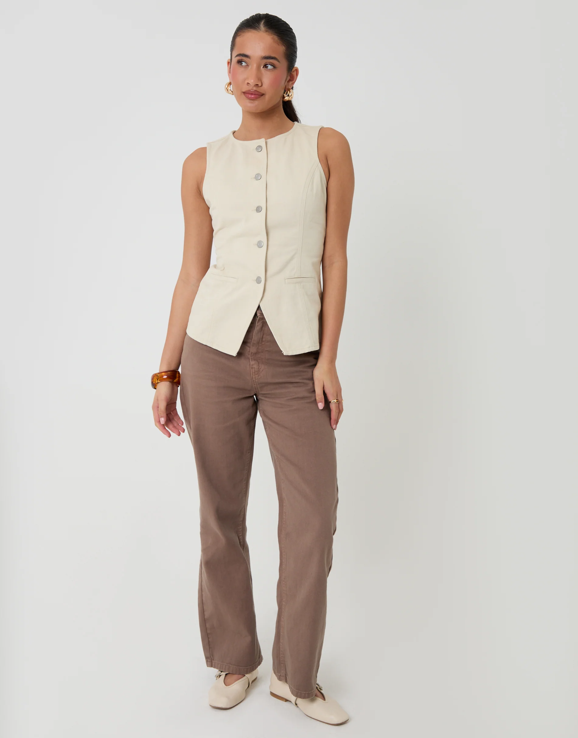 Denim Longline Waistcoat in Ecru - Image 3