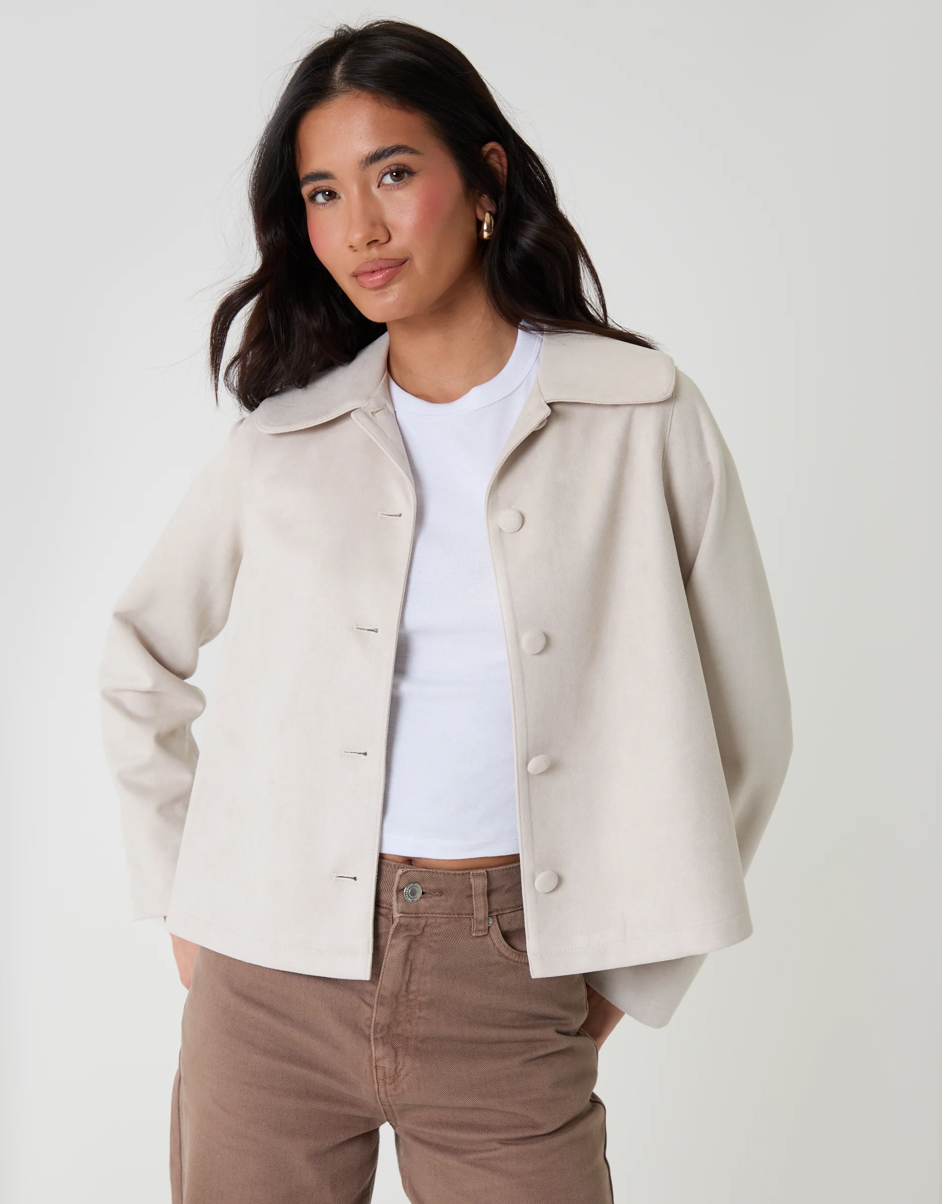 Faux Suede Peter Pan Collar Cropped Jacket in Ecru