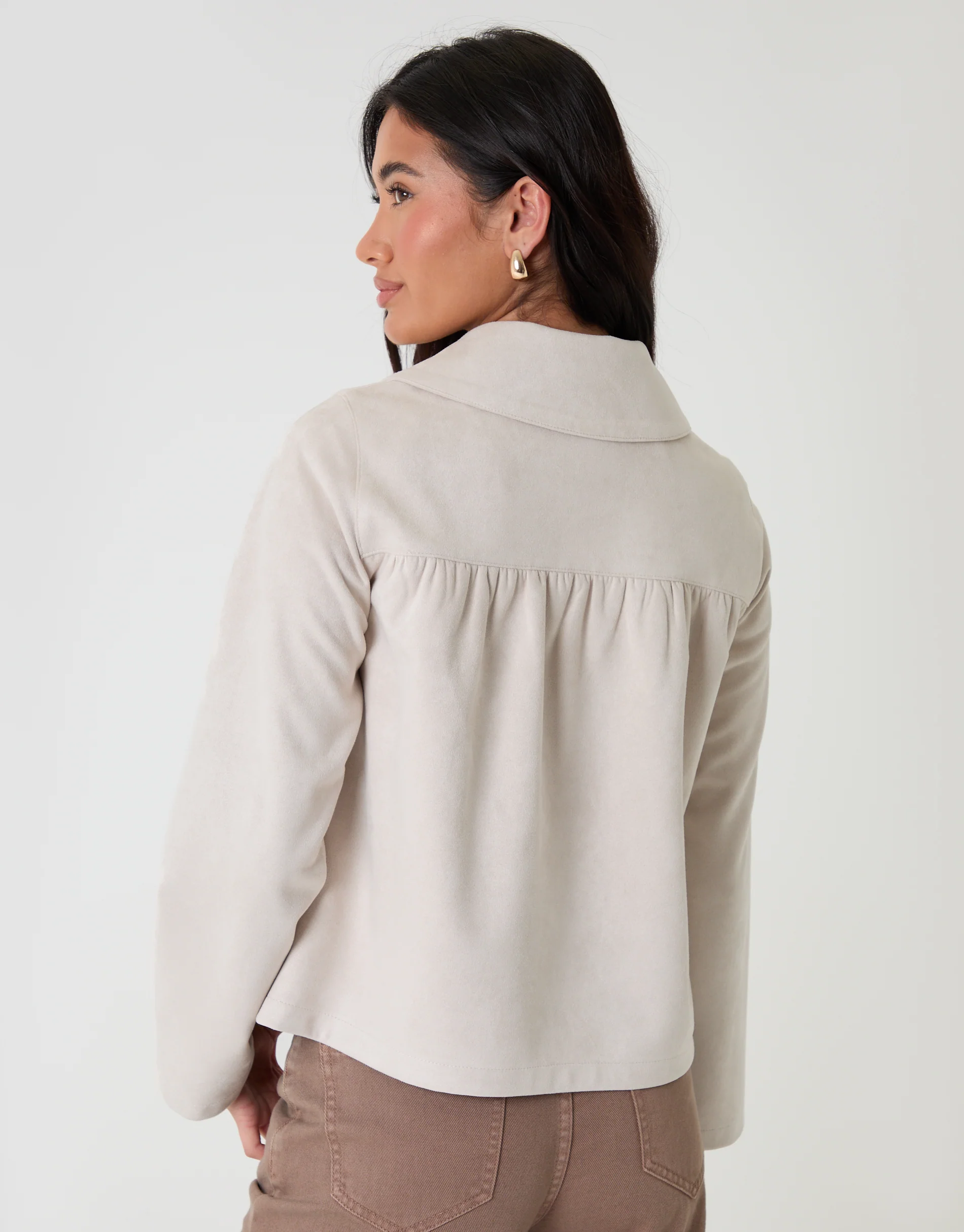 Faux Suede Peter Pan Collar Cropped Jacket in Ecru - Image 2