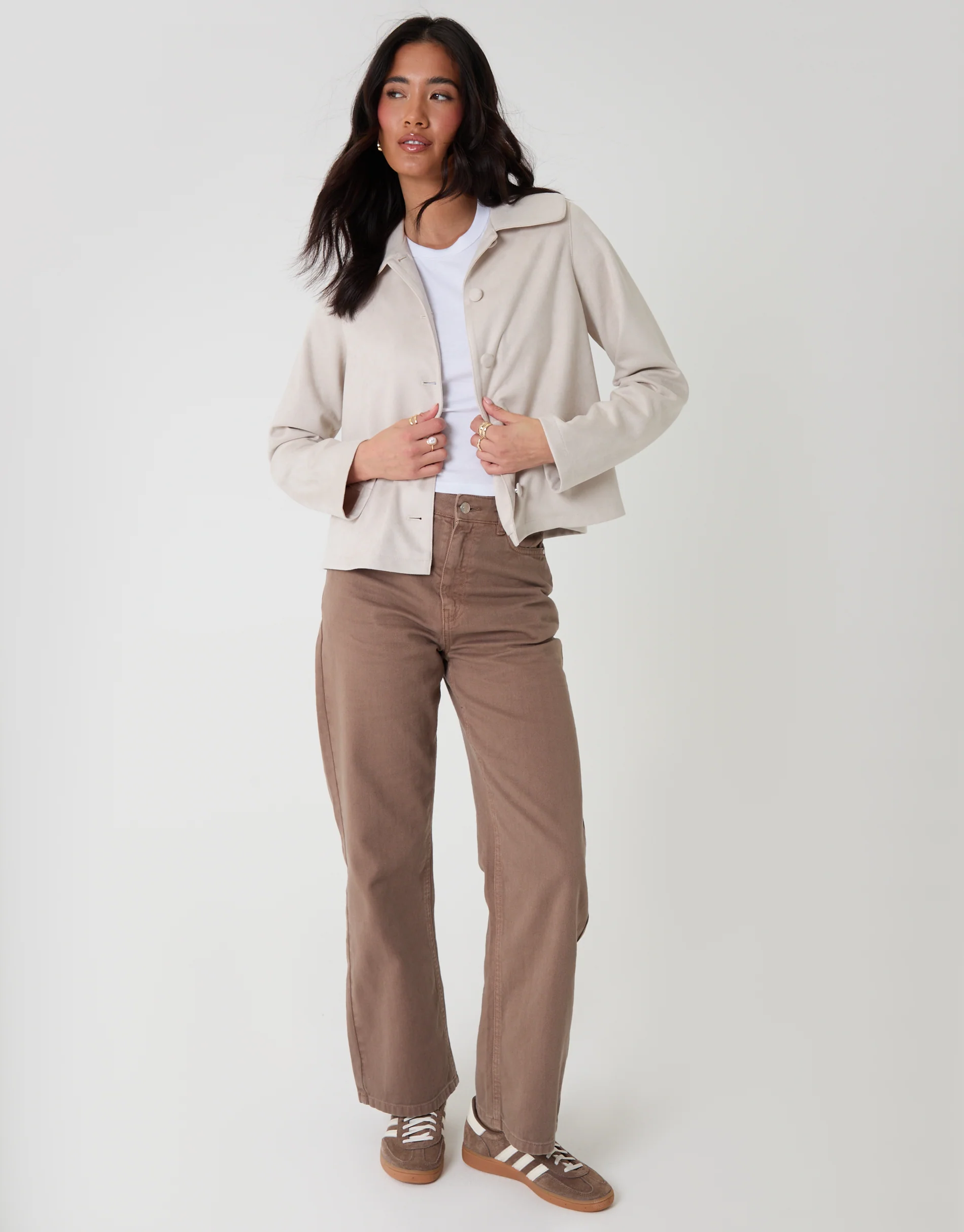 Faux Suede Peter Pan Collar Cropped Jacket in Ecru - Image 3