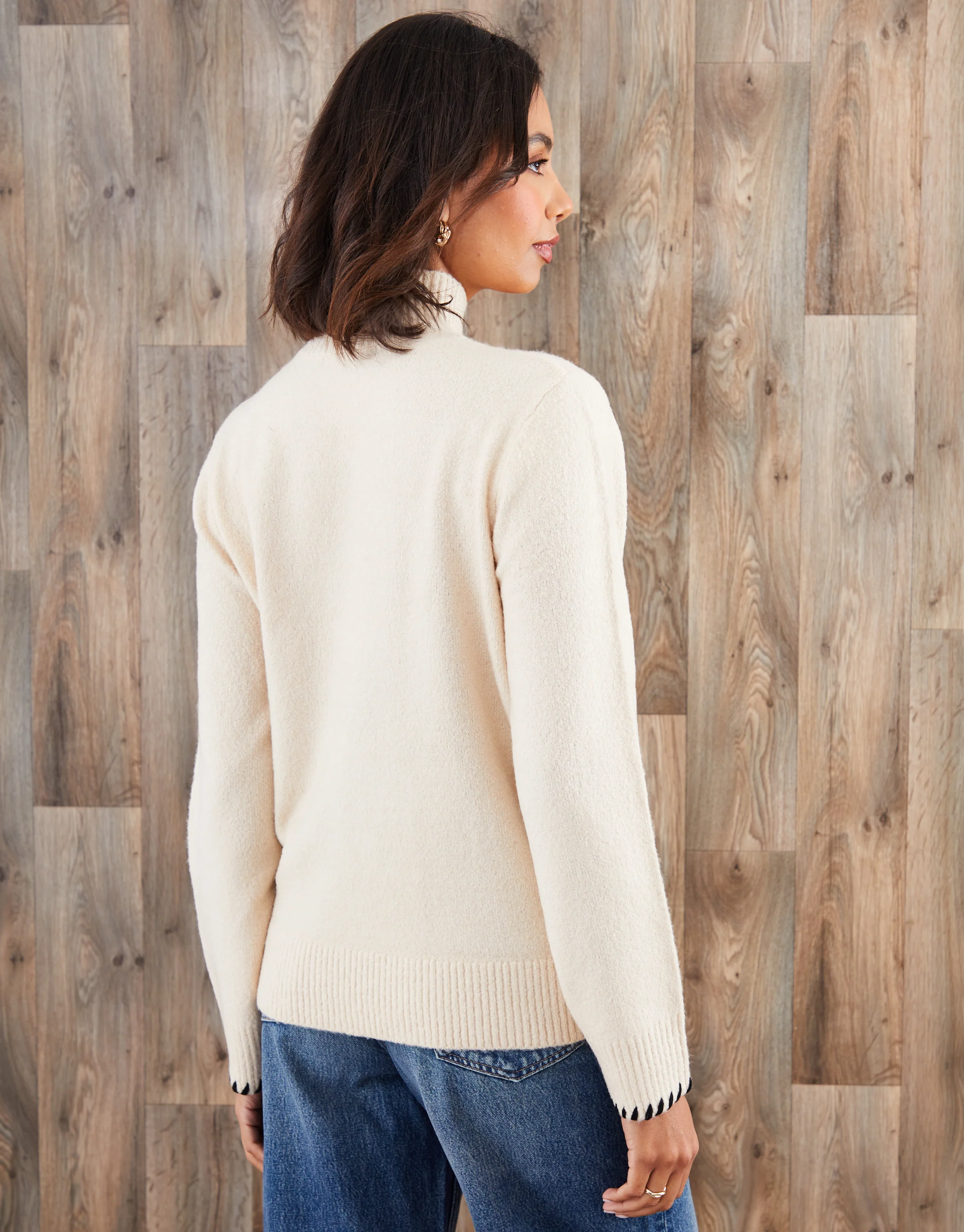 High Neck Contrast Stitch Knitted Jumper in Ecru - Image 2