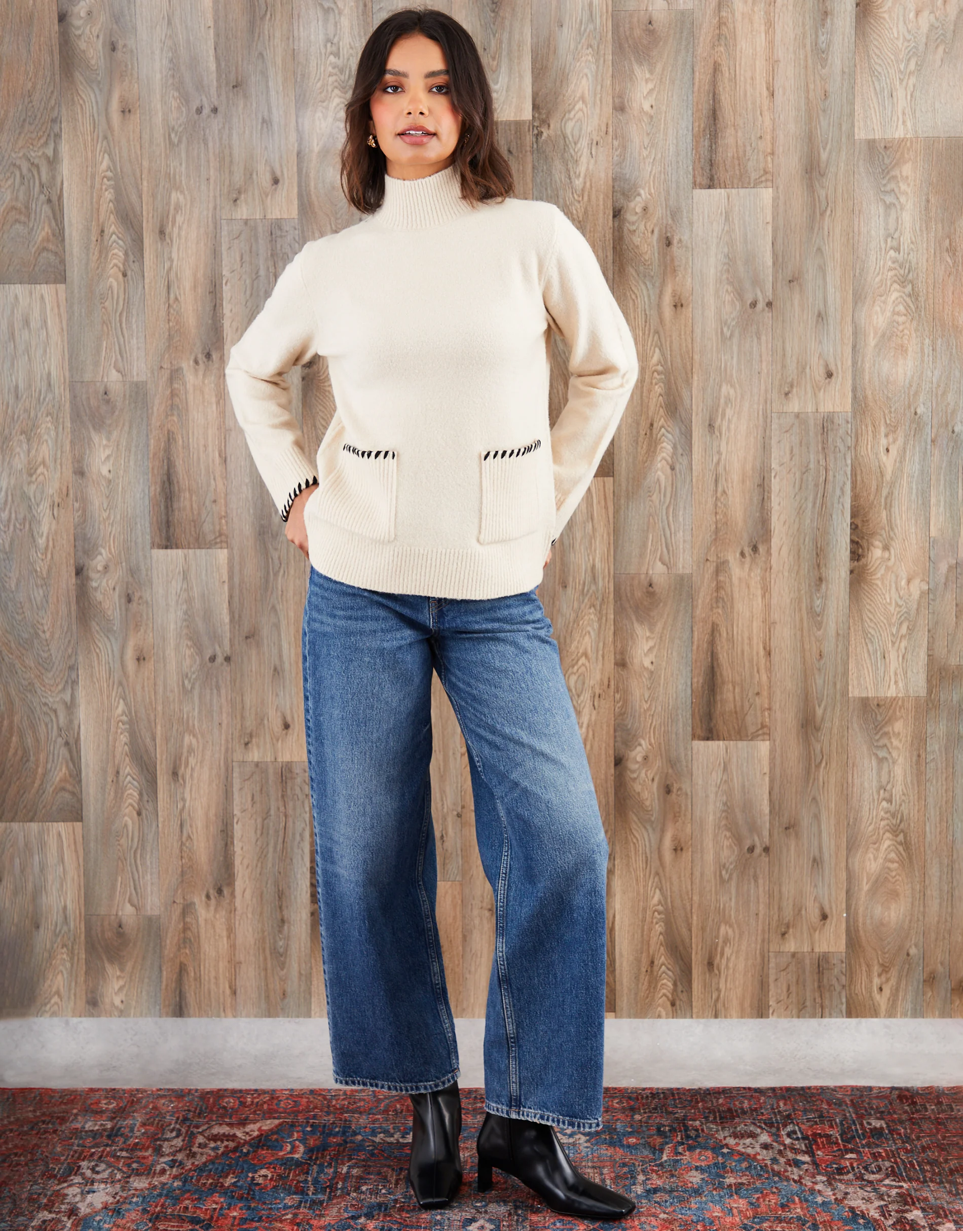 High Neck Contrast Stitch Knitted Jumper in Ecru - Image 4