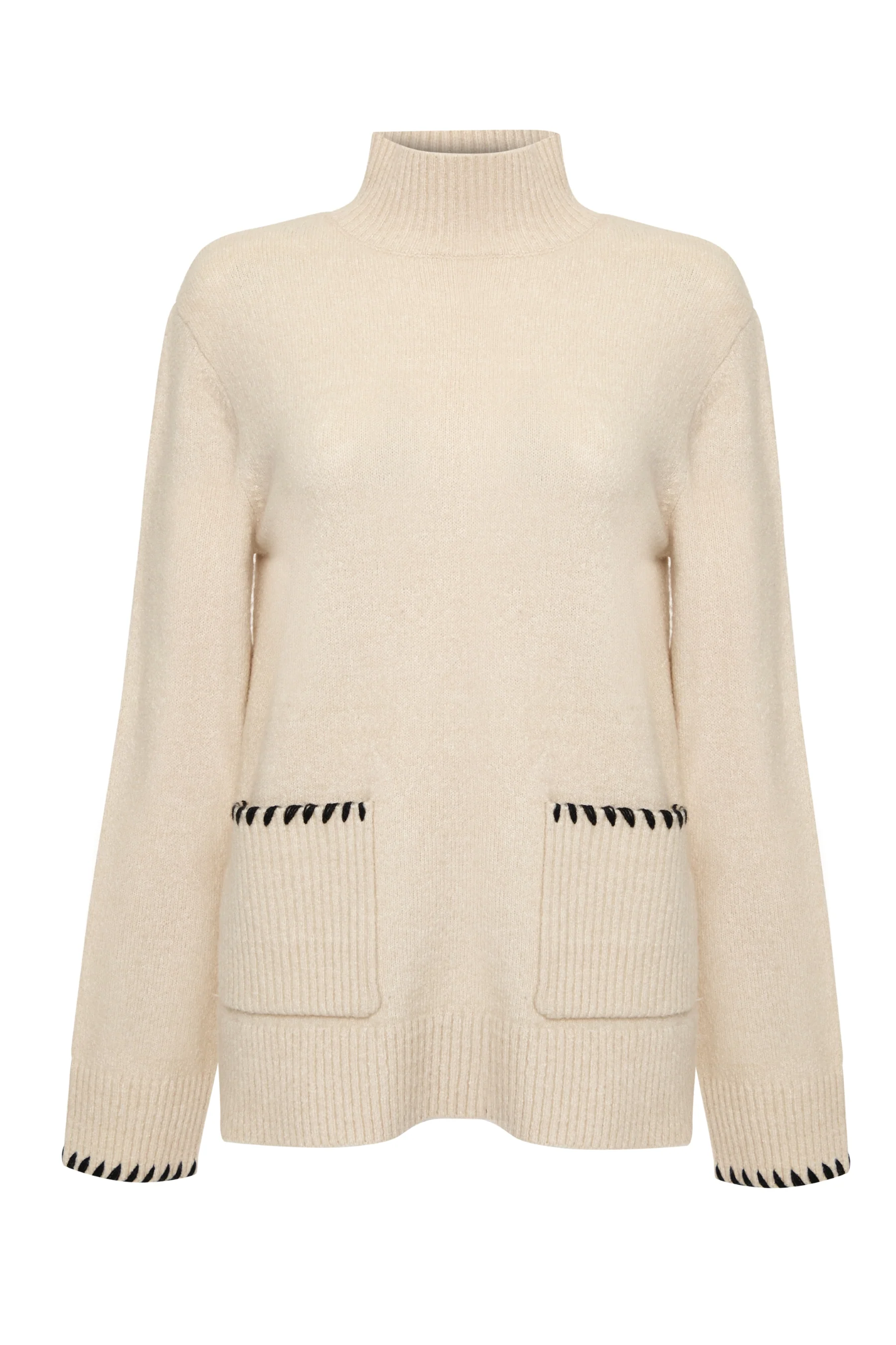 High Neck Contrast Stitch Knitted Jumper in Ecru - Image 5