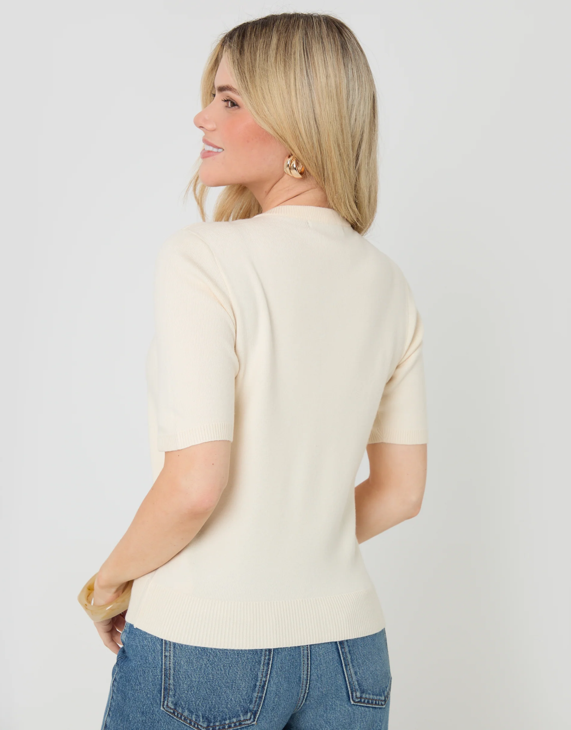 Jacquard Knit Short Sleeve Cardigan in Ecru - Image 2