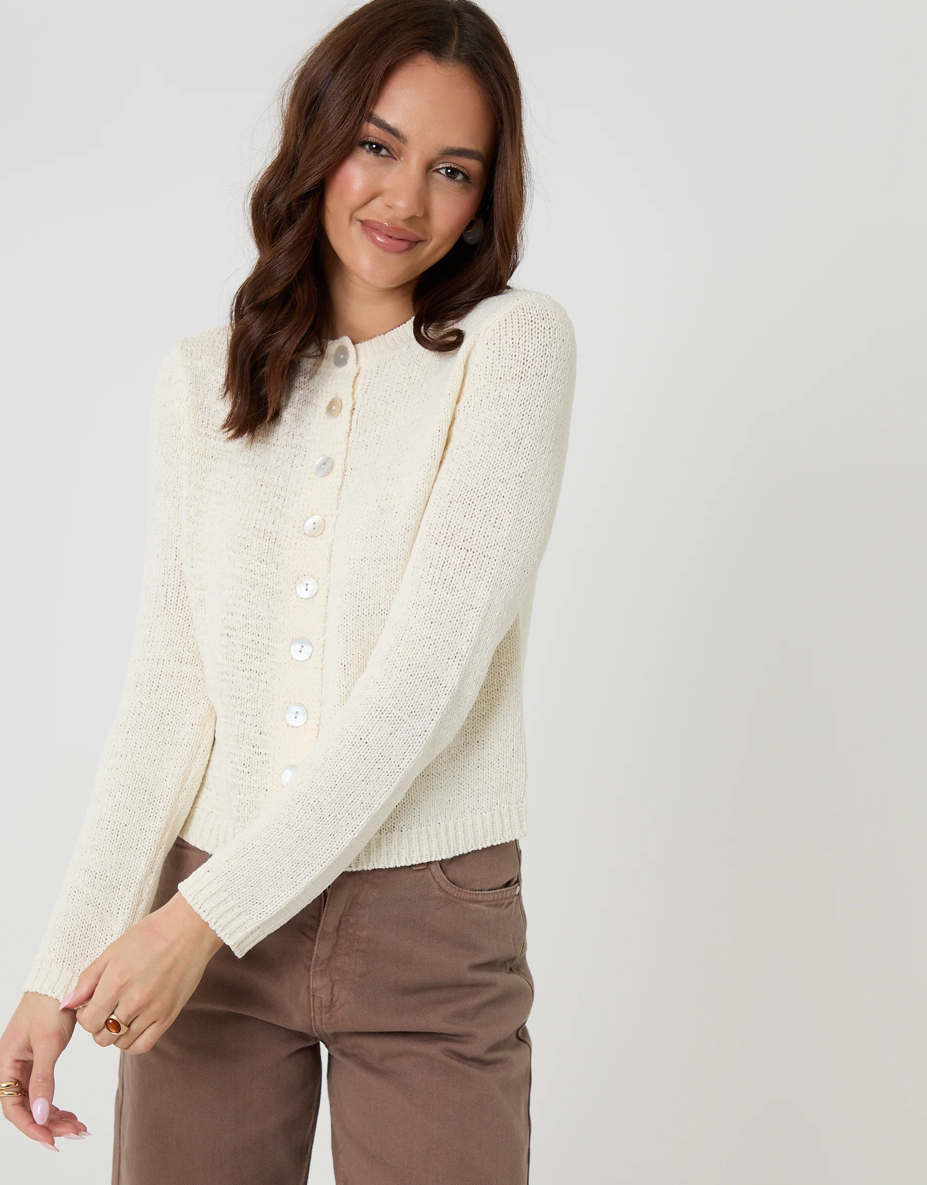 Knitted Yarn Crew Neck Cardigan in Ecru - Image 2