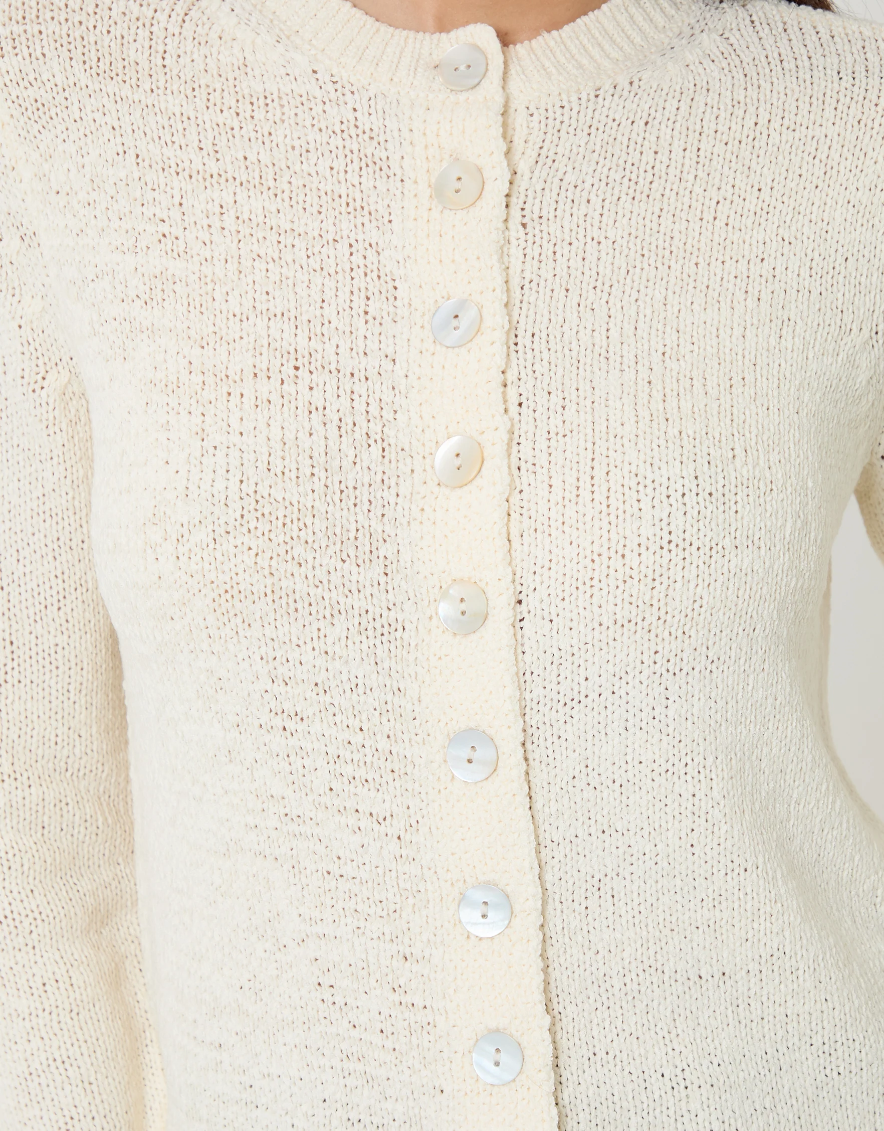Knitted Yarn Crew Neck Cardigan in Ecru - Image 5