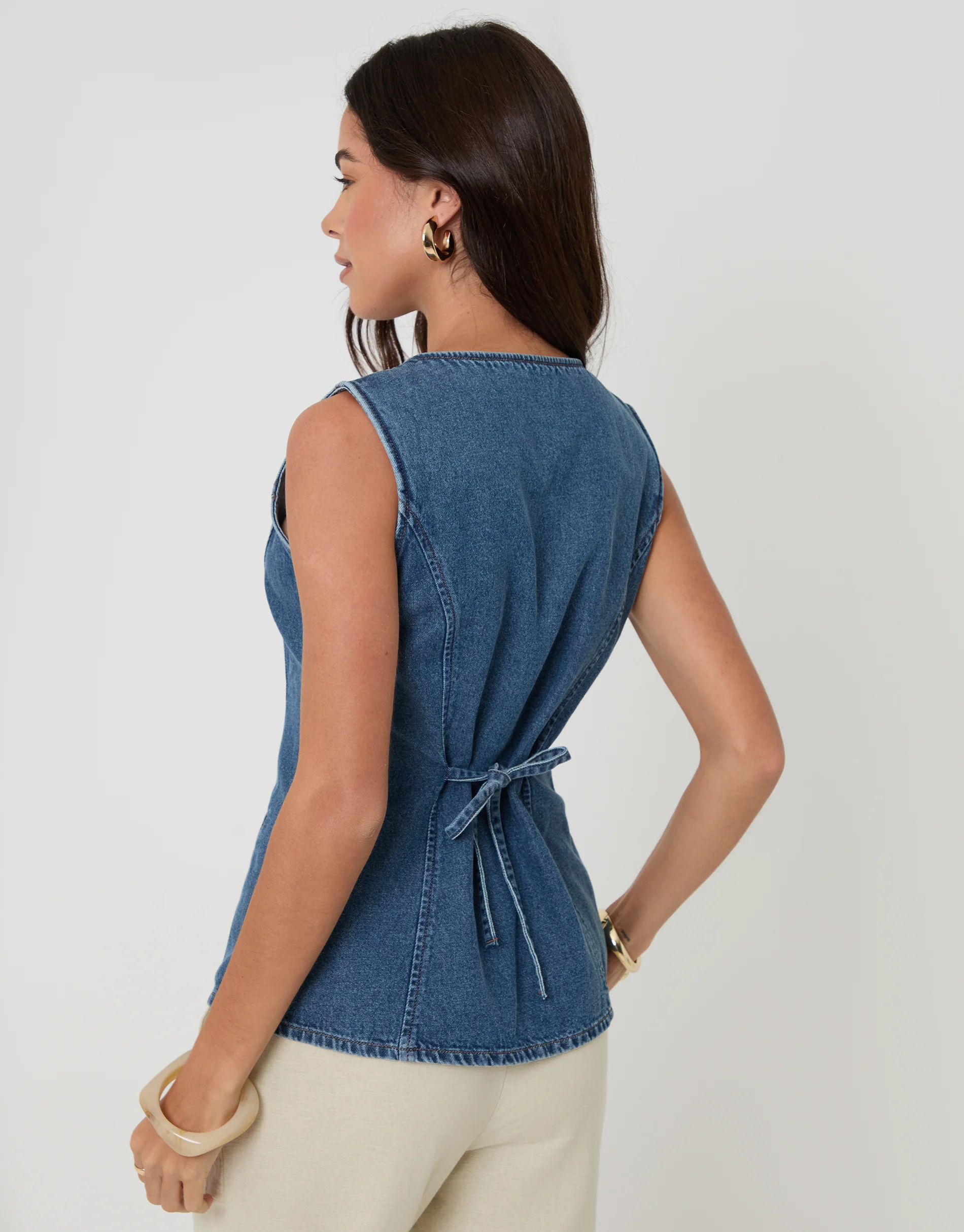2 Pack Denim Tie Back Waistcoats in Ecru & Mid Wash - Image 3
