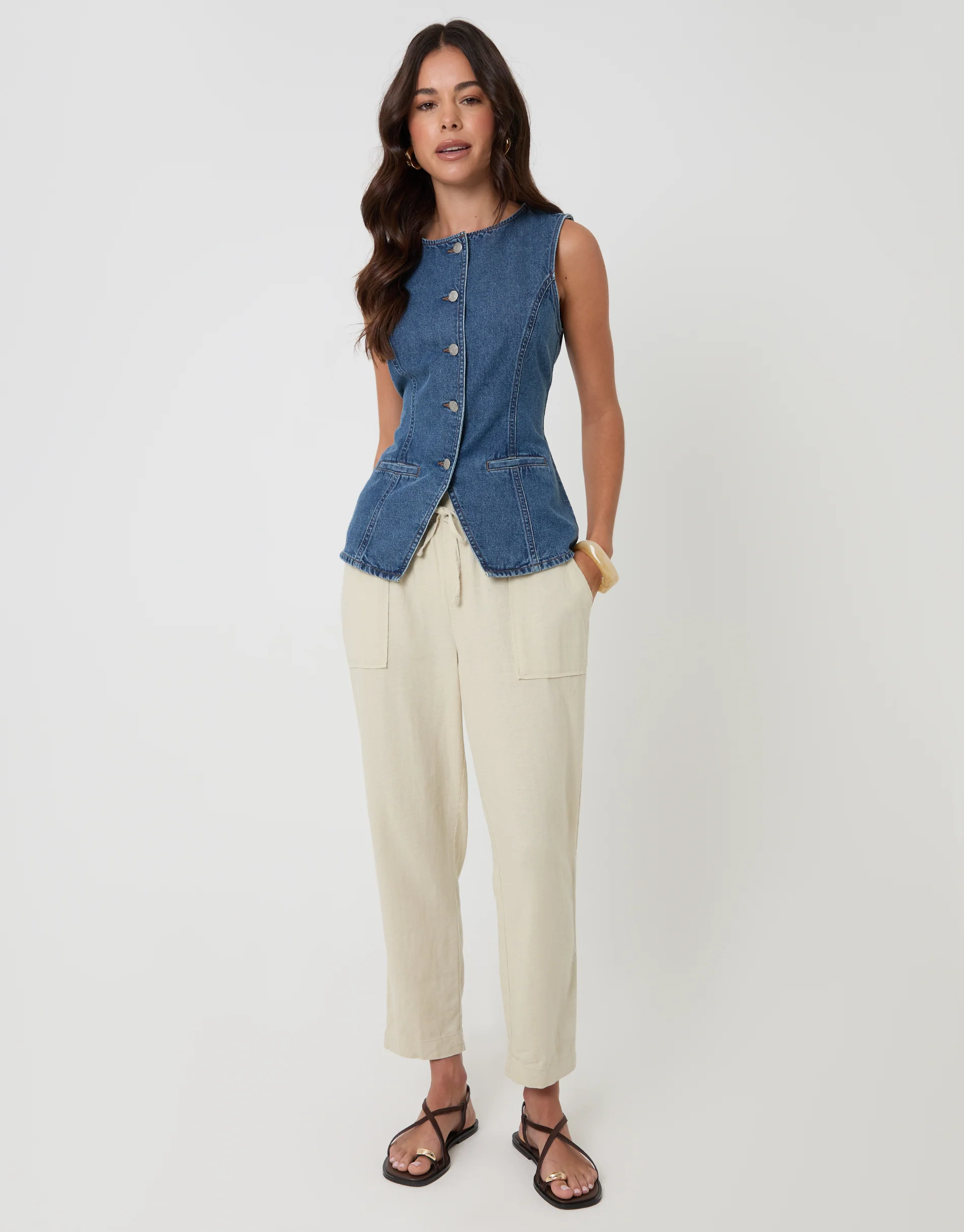 2 Pack Denim Tie Back Waistcoats in Ecru & Mid Wash - Image 4