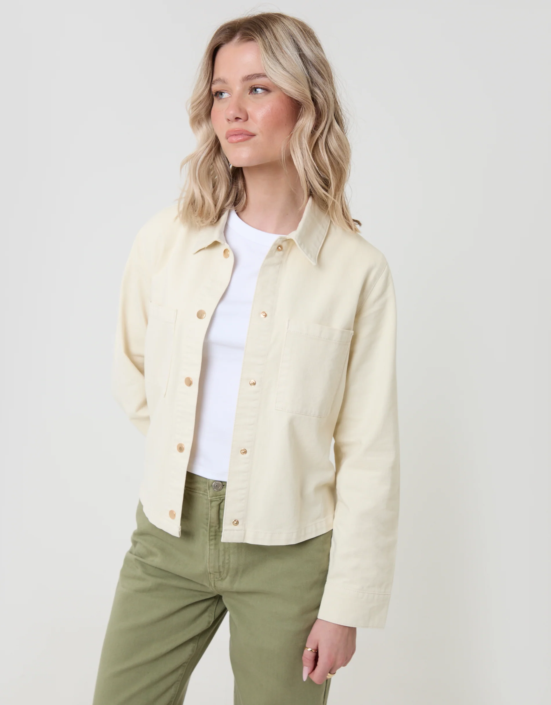 Patch Pocket Denim Shacket in Ecru