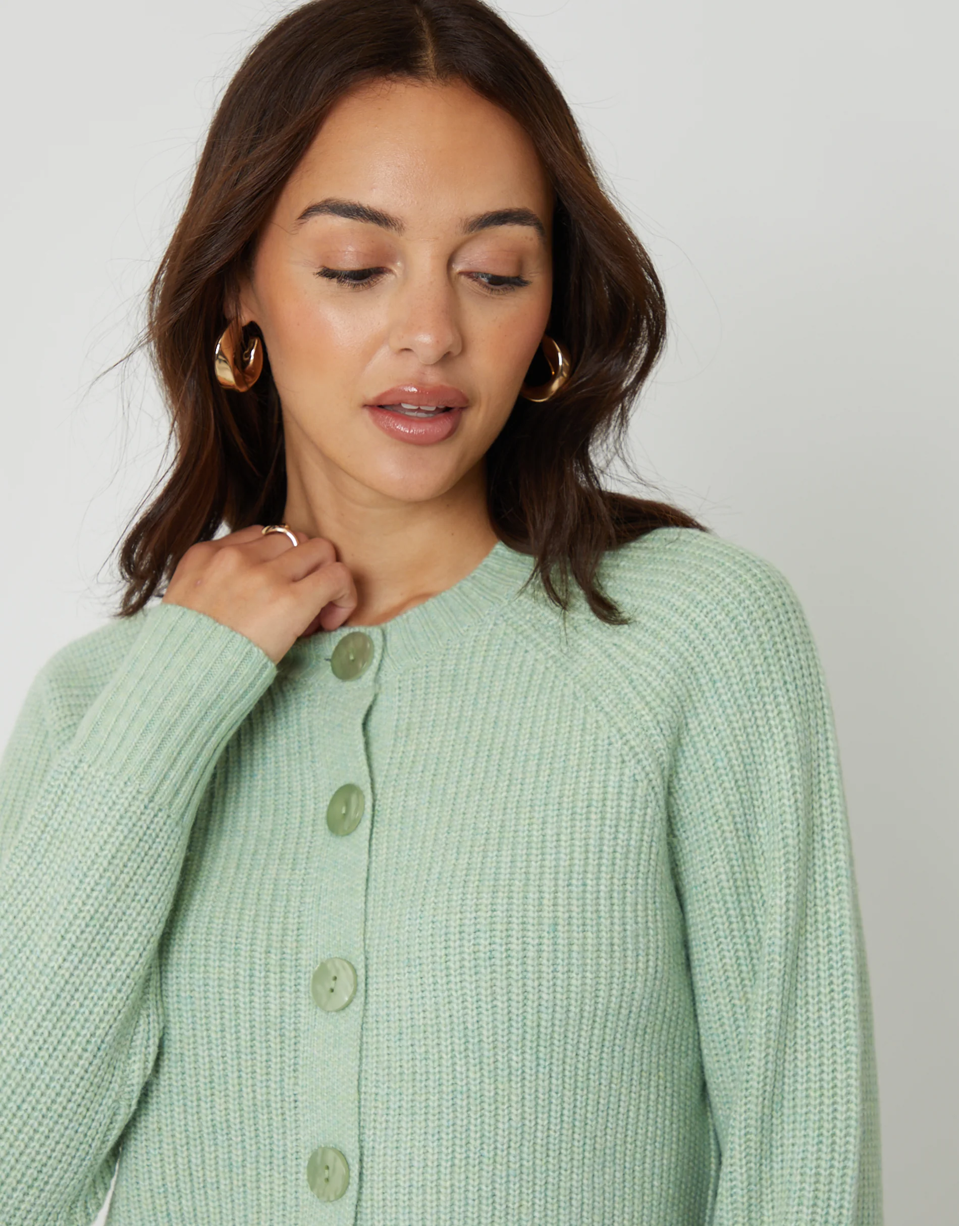 Chunky Knit Button Up Cardigan in Green - Image 2