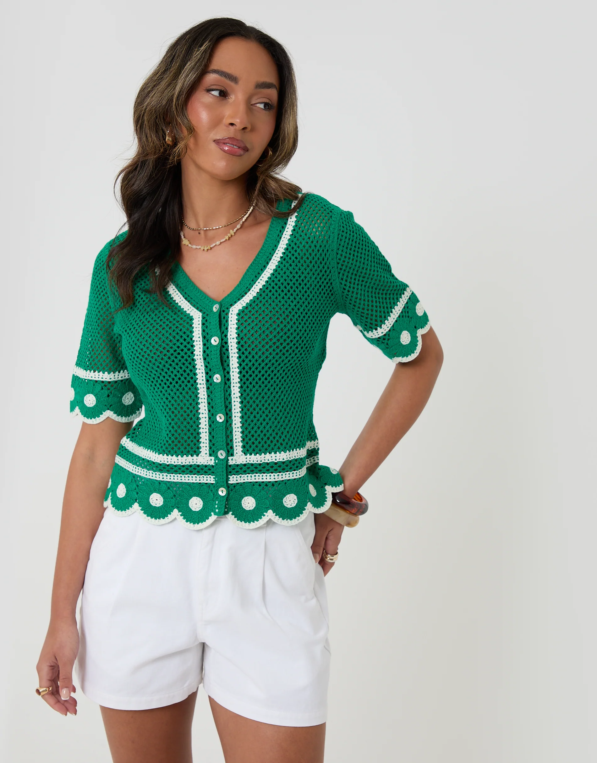 Crochet Flower Hem Button Up Top in Green - Image 2