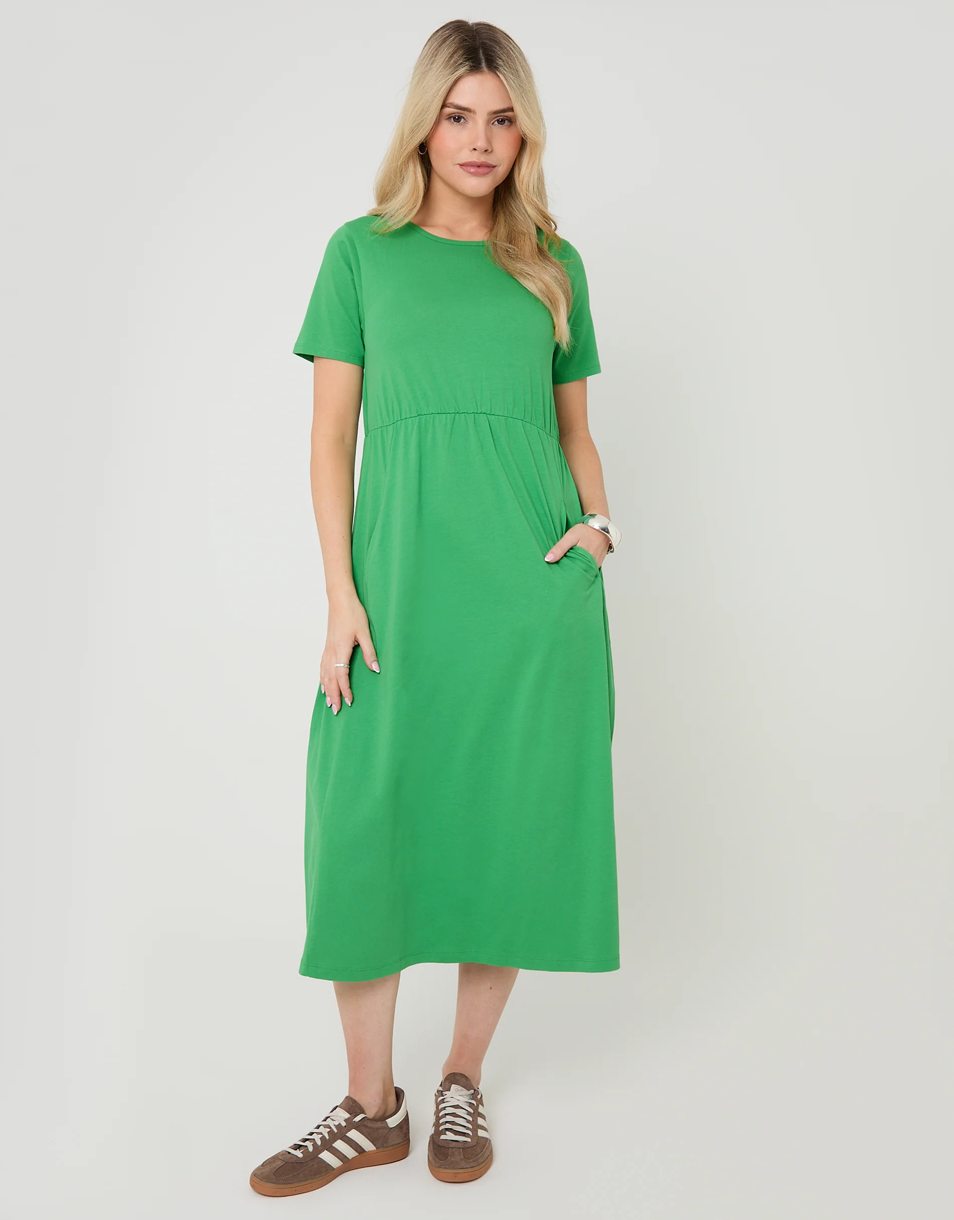 Jersey Midi Smock Dress with Pockets in Green - Image 3