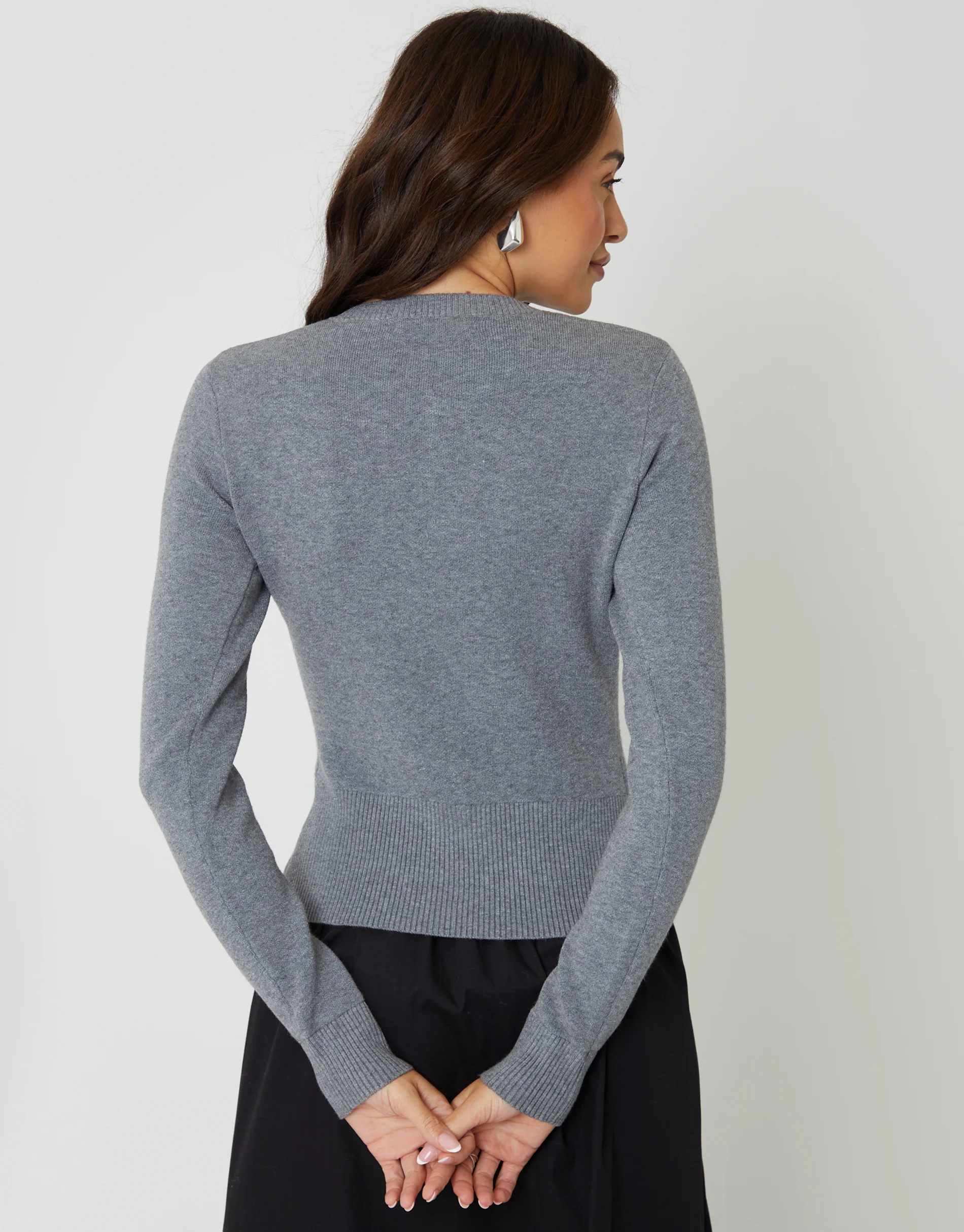 Crew Neck Compact Knitted Cardigan in Grey - Image 4