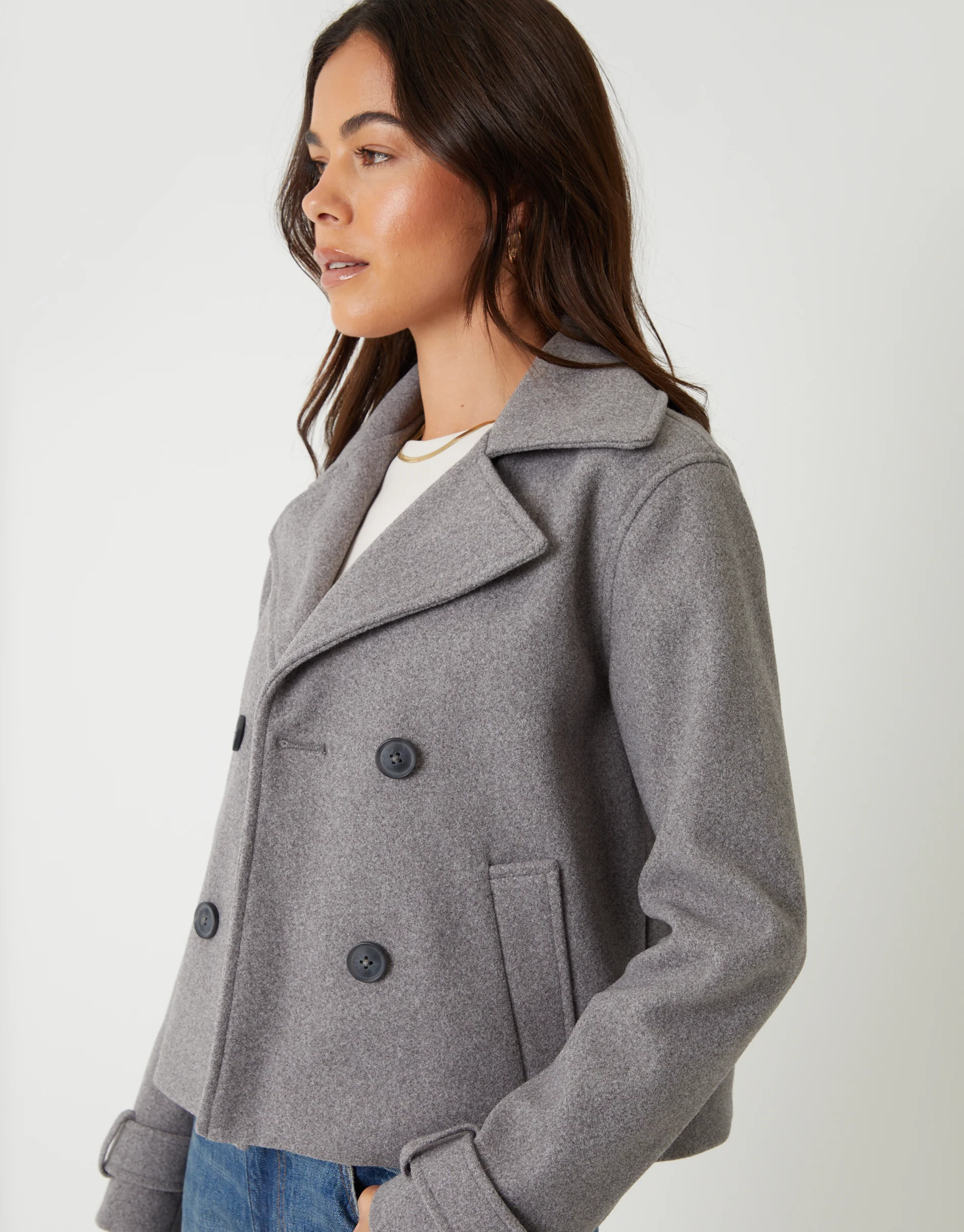Faux Wool Cropped Trench Coat in Grey