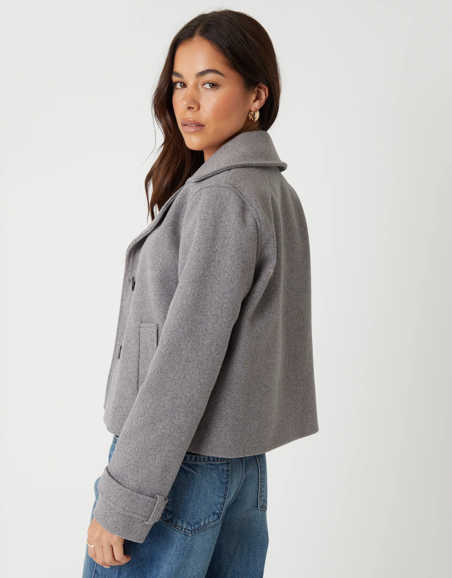 Faux Wool Cropped Trench Coat in Grey - Image 2