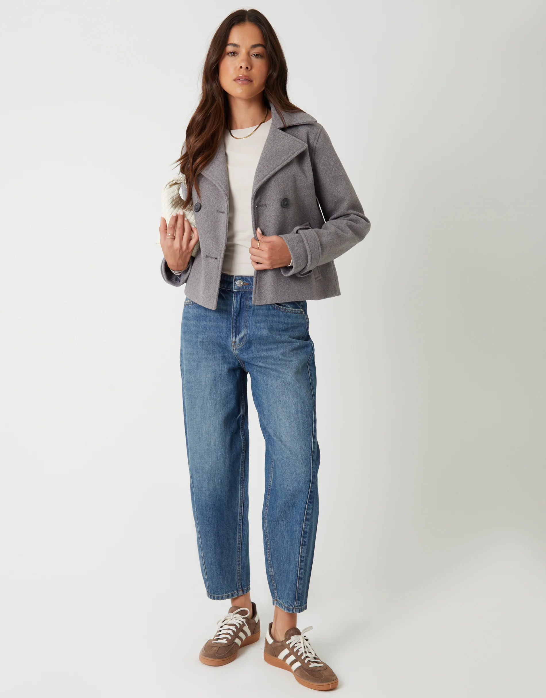 Faux Wool Cropped Trench Coat in Grey - Image 3