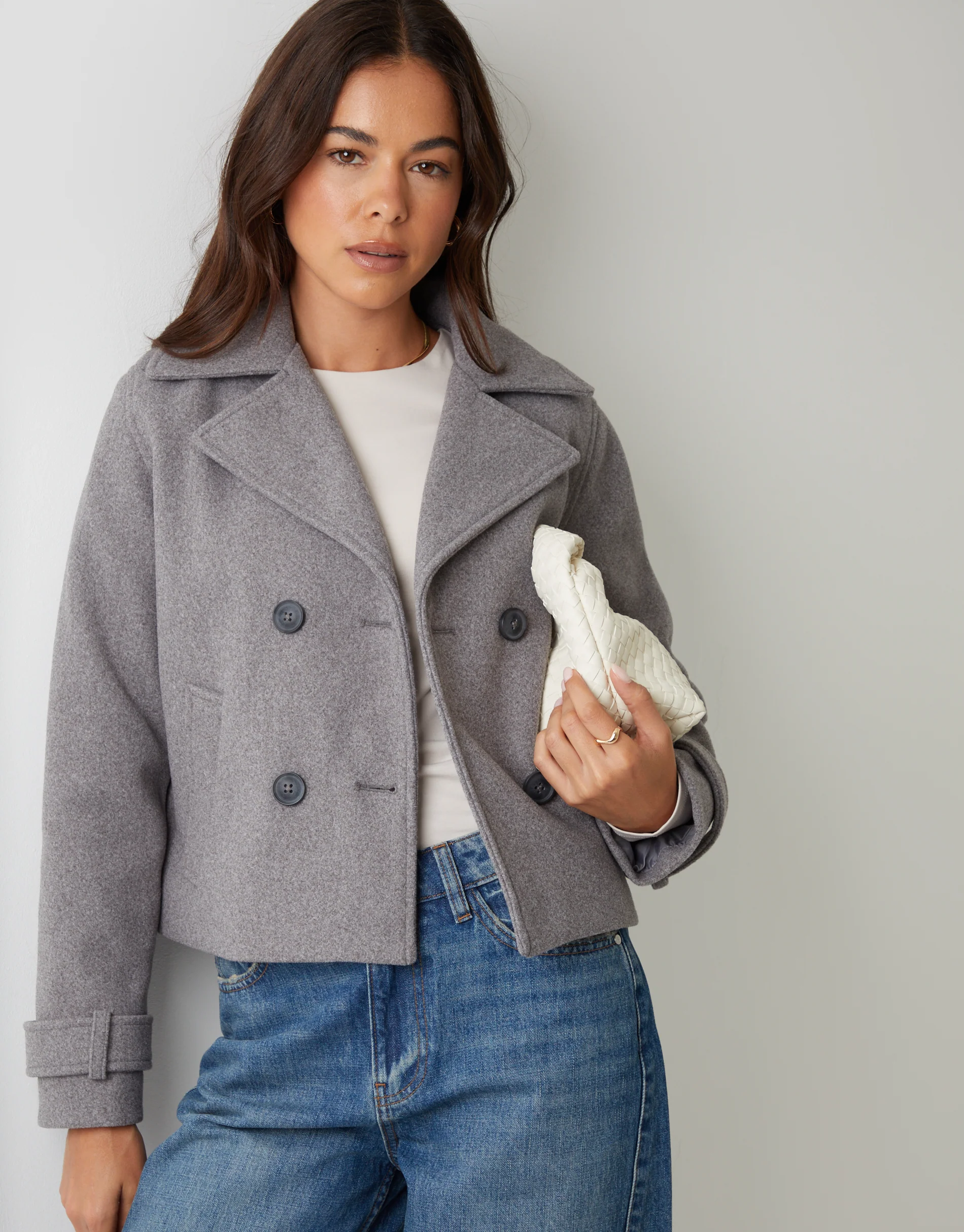 Faux Wool Cropped Trench Coat in Grey - Image 4